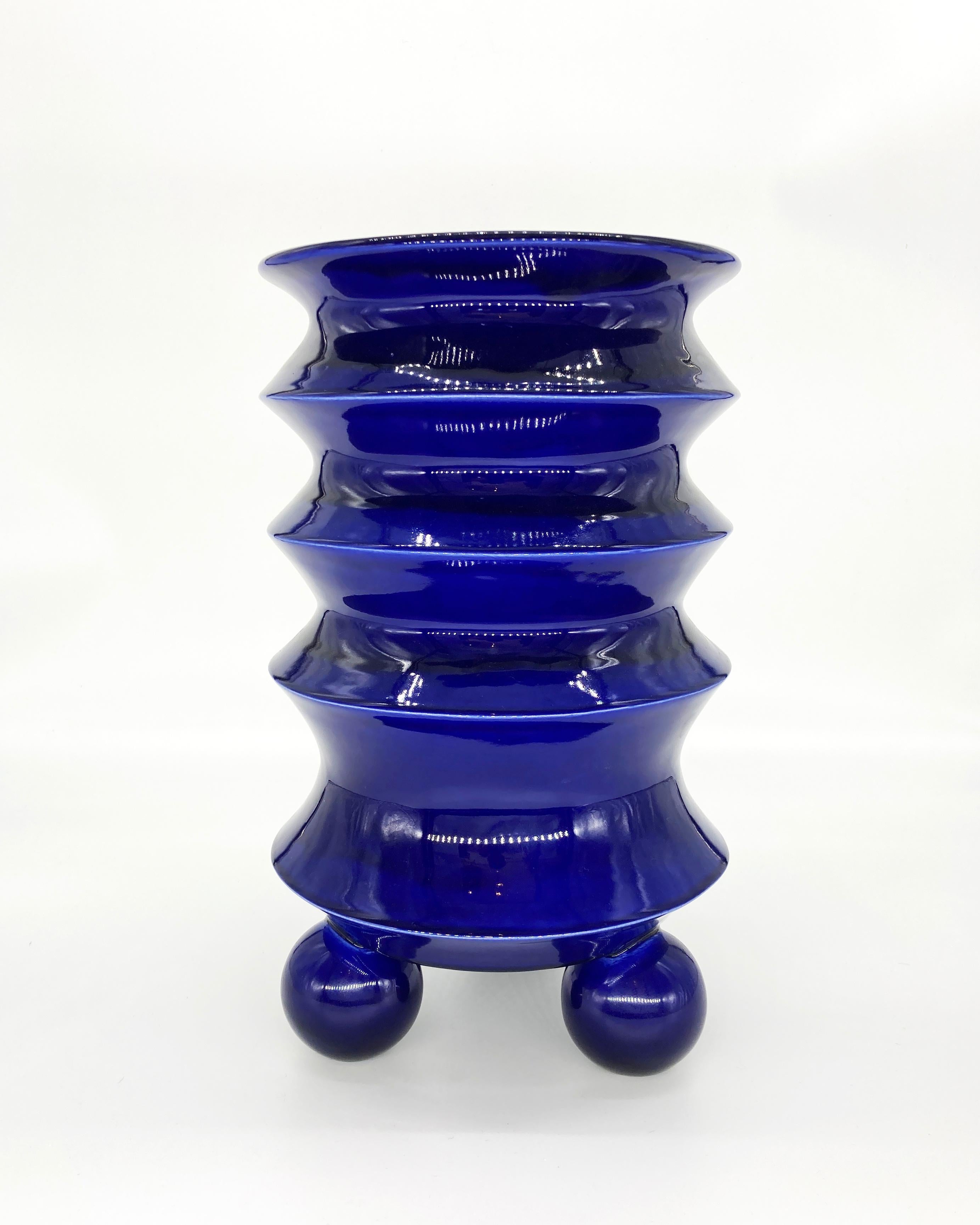 Contemporary First Edition Toltec Pop Art Ceramic Vase in Blue, in Stock For Sale