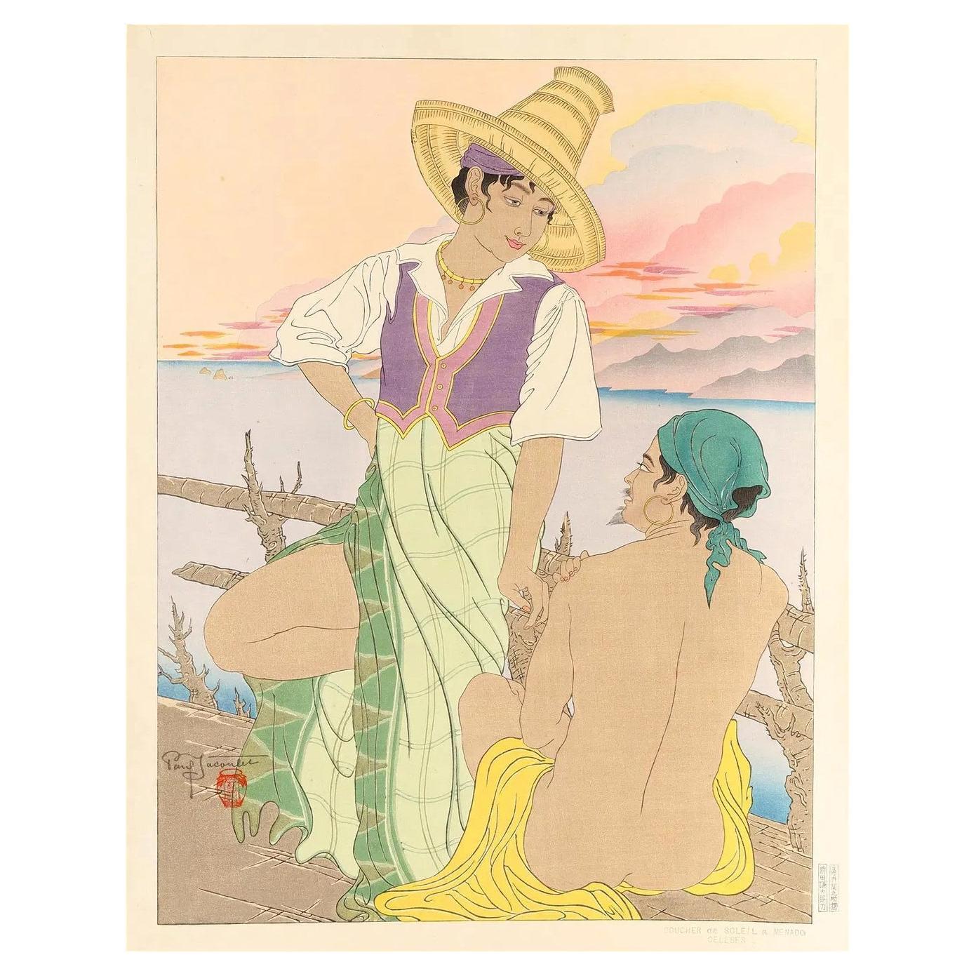 First Edition Woodblock Print Coucher de Soleil à Menado Celebes Paul Jacoulet For Sale