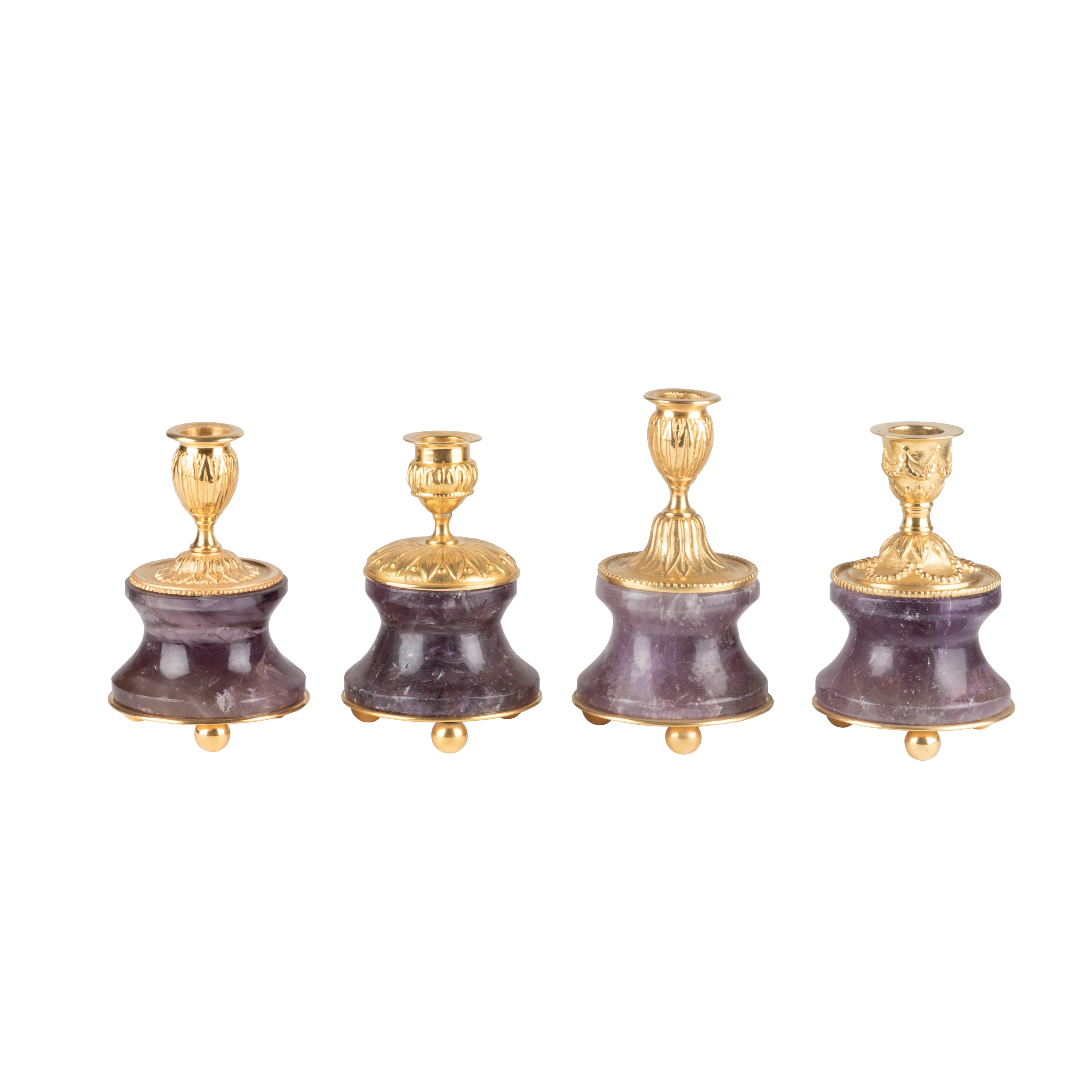 Gold Plate First Empire Style Amethyst Pair of Lamps and Candlesticks by Alexandre Vossion For Sale