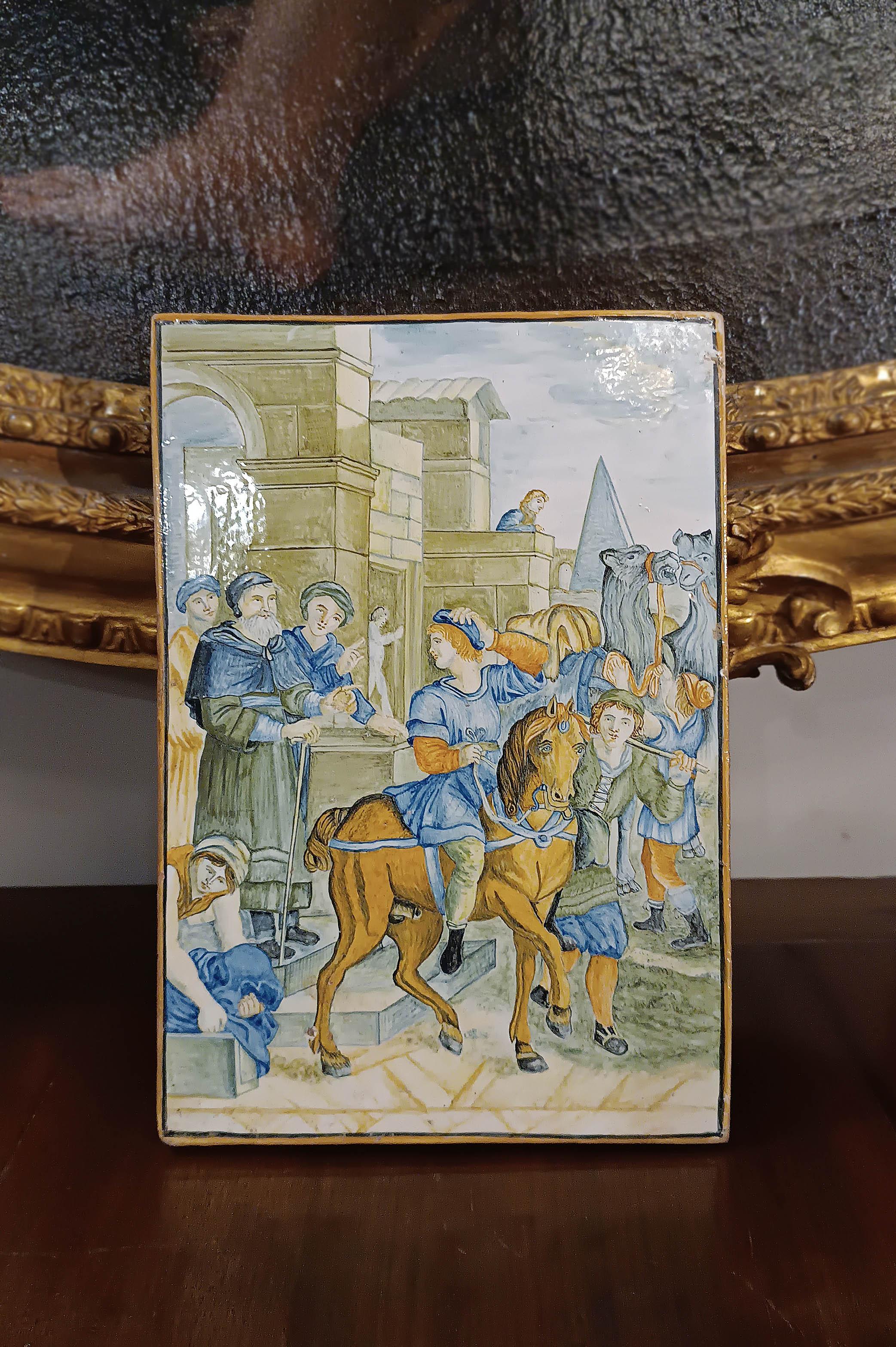 Italian PREMIÈRE MOITIÉ DU 18e SIÈCLE PLAQUE DE MAJOLICA DE CHÂTEAUX VERTICAUX en vente