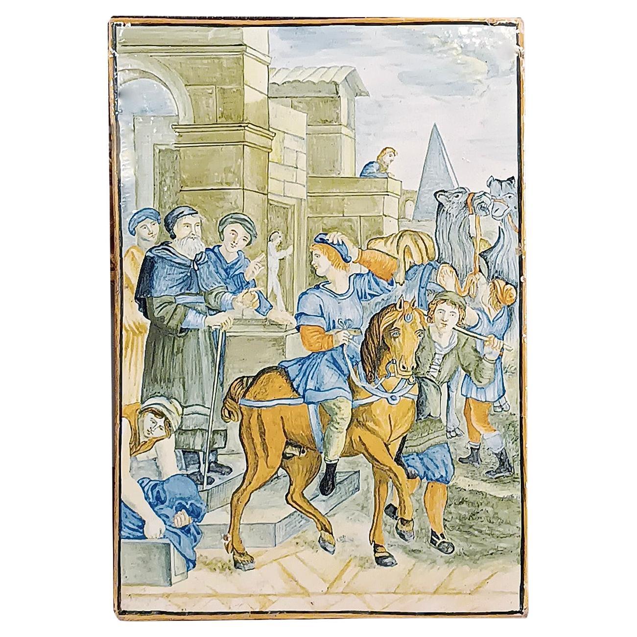 PREMIÈRE MOITIÉ DU 18e SIÈCLE PLAQUE DE MAJOLICA DE CHÂTEAUX VERTICAUX en vente