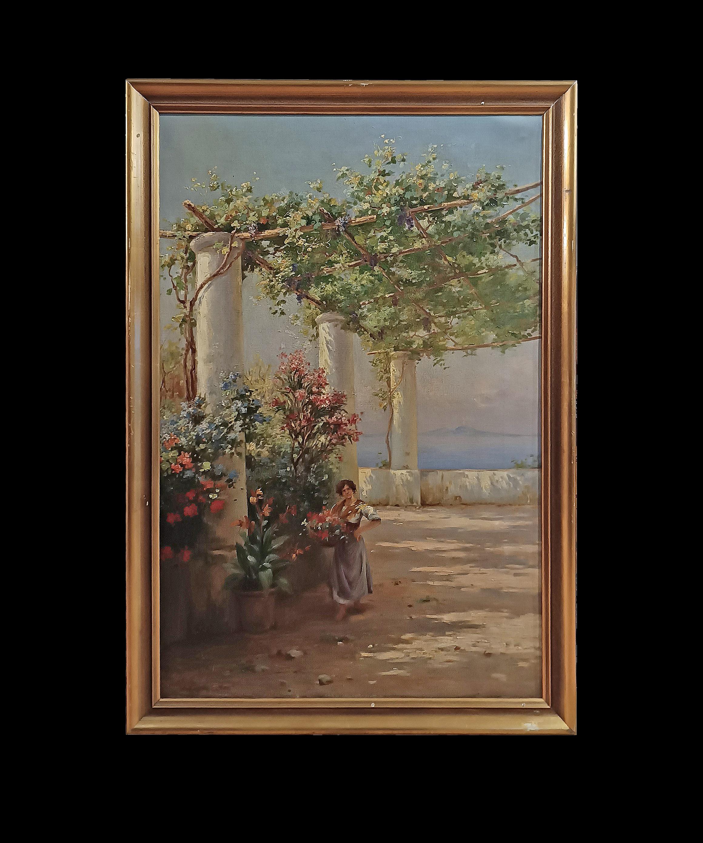 Peinture à l'huile sur toile, encadrée en bois sculpté et doré. Le tableau représente une vue d'une terrasse surplombant la côte napolitaine. Au loin, on aperçoit la mer et le mont Vésuve, tandis qu'au premier plan, sur une terrasse fleurie