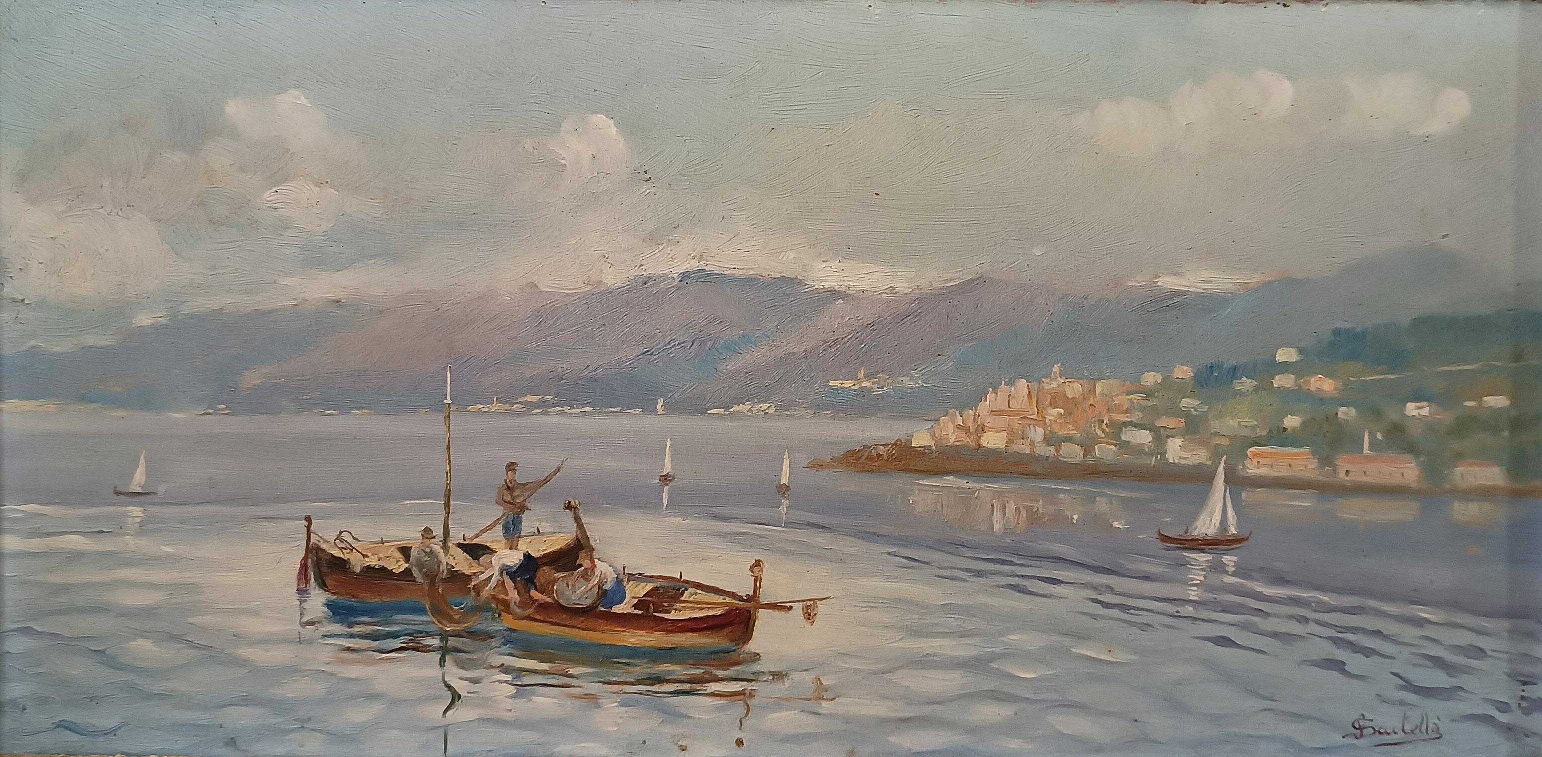 ERSTE HALBZEIT DES 20. JAHRHUNDERTS MALEREI MIT MARINA UND BOOTEN (Italienisch) im Angebot