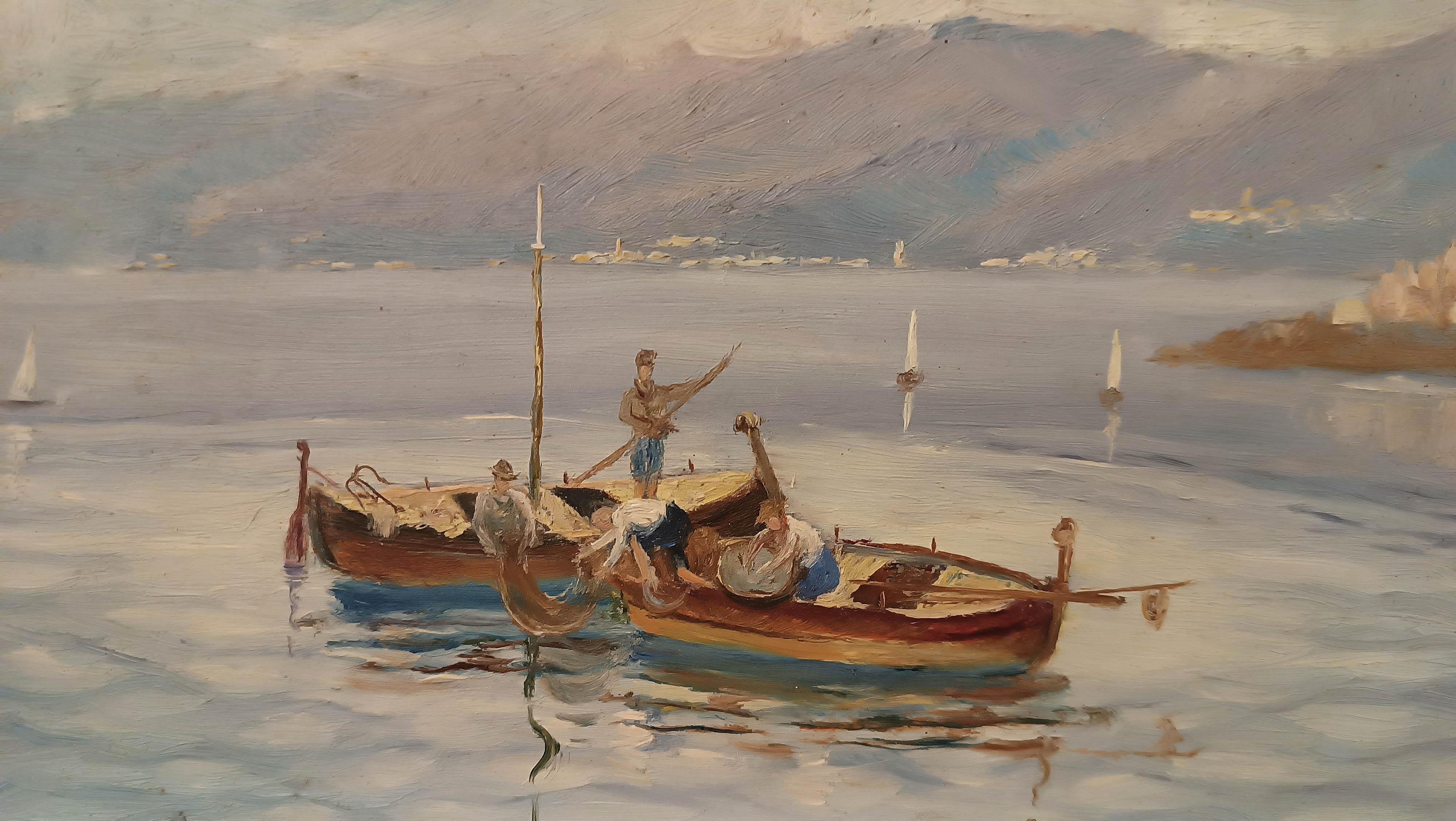 ERSTE HALBZEIT DES 20. JAHRHUNDERTS MALEREI MIT MARINA UND BOOTEN (Handgeschnitzt) im Angebot