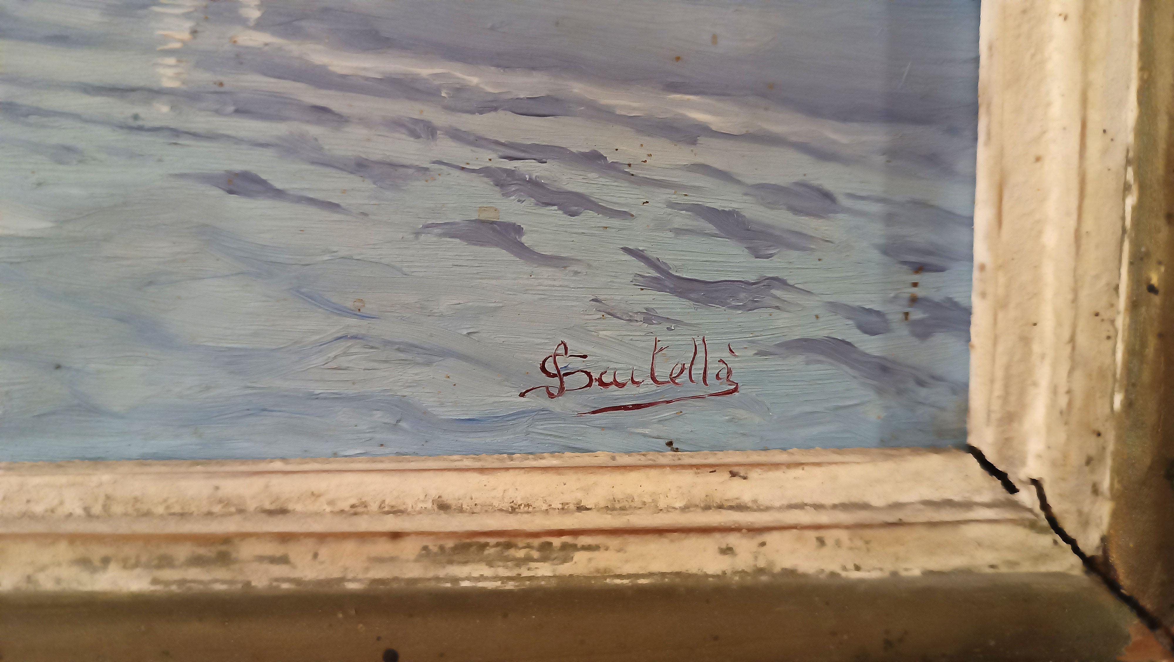 ERSTE HALBZEIT DES 20. JAHRHUNDERTS MALEREI MIT MARINA UND BOOTEN (Holz) im Angebot