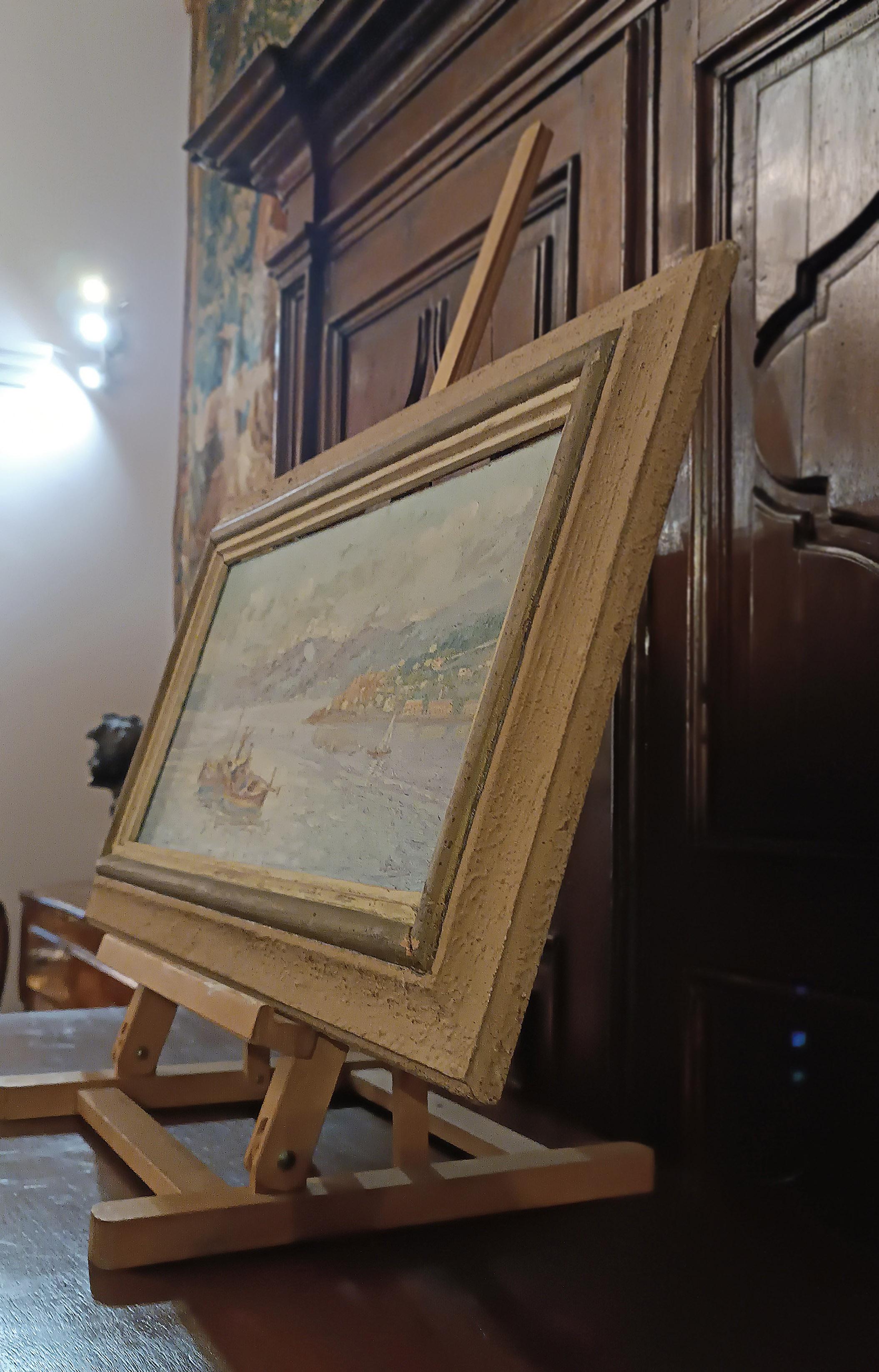 ERSTE HALBZEIT DES 20. JAHRHUNDERTS MALEREI MIT MARINA UND BOOTEN im Angebot 1