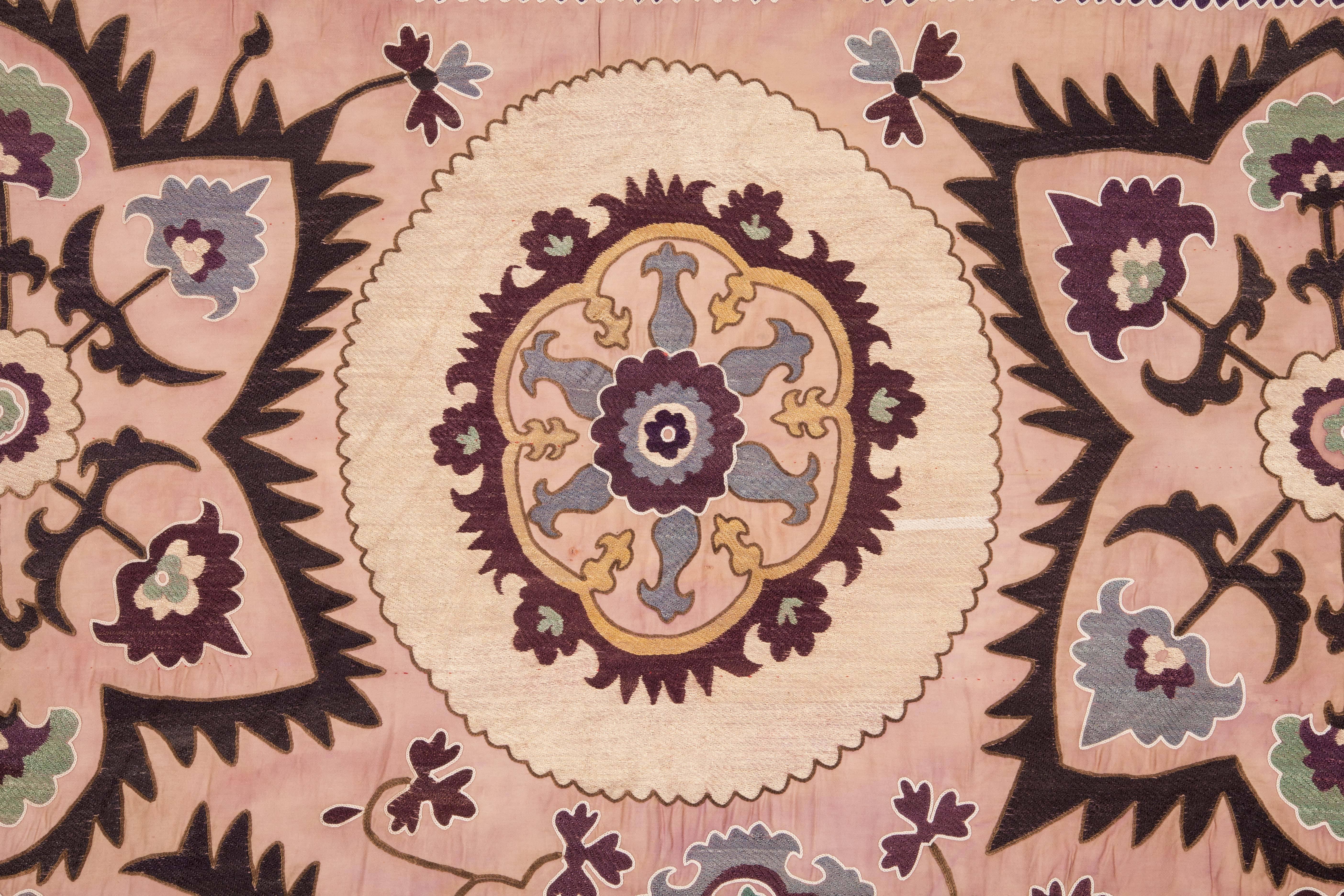 Embroidered First Half of the 20th Century, Uzbek Suzani, Silk Embroidery on a Cotton Ground