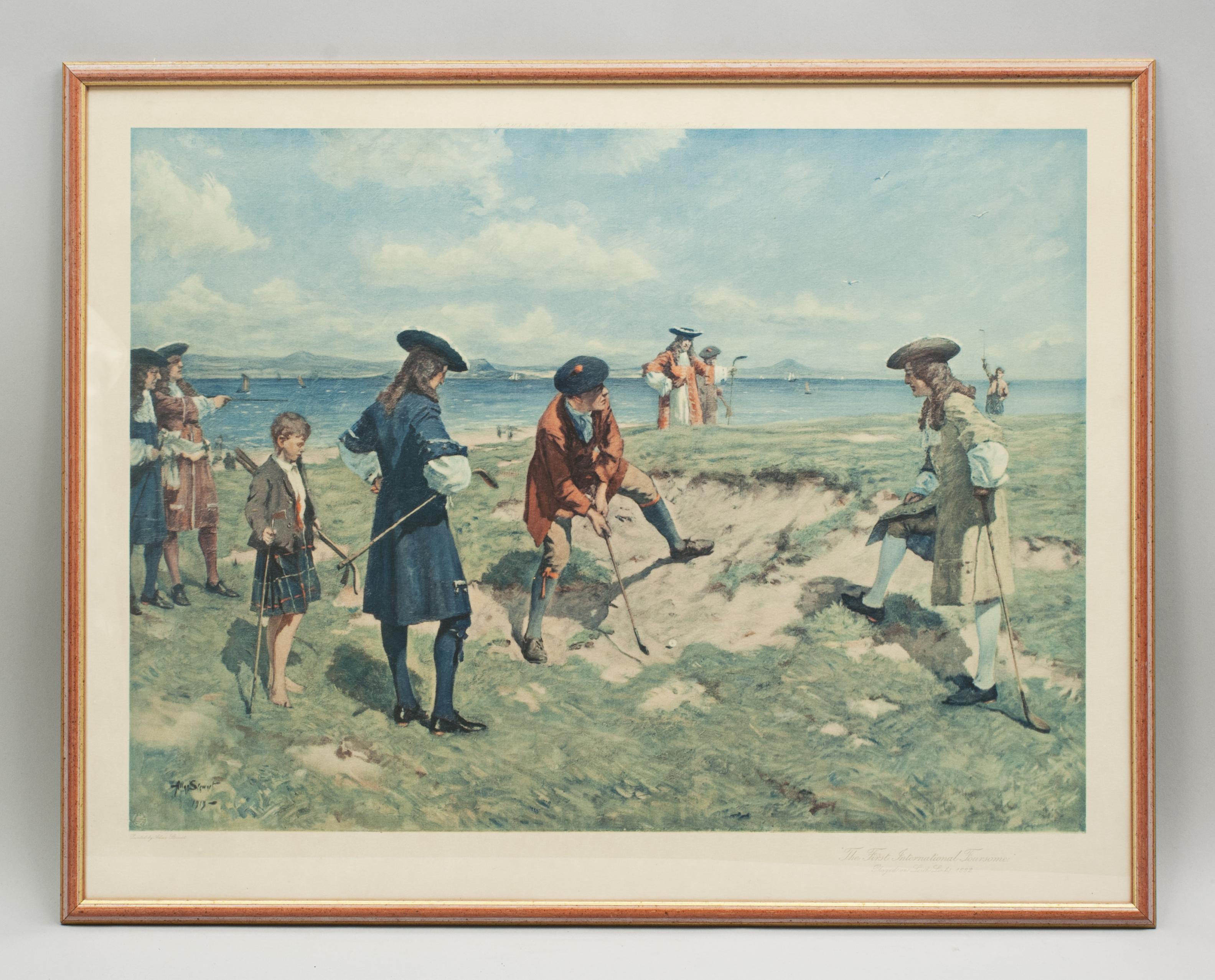 First International Foursome after Allen Stewart.
A rare original photolithograph print titled 'The First International Foursome, Played on Leith Links, 1682'. The print is taken from the original painting by the Scottish painter and illustrator,