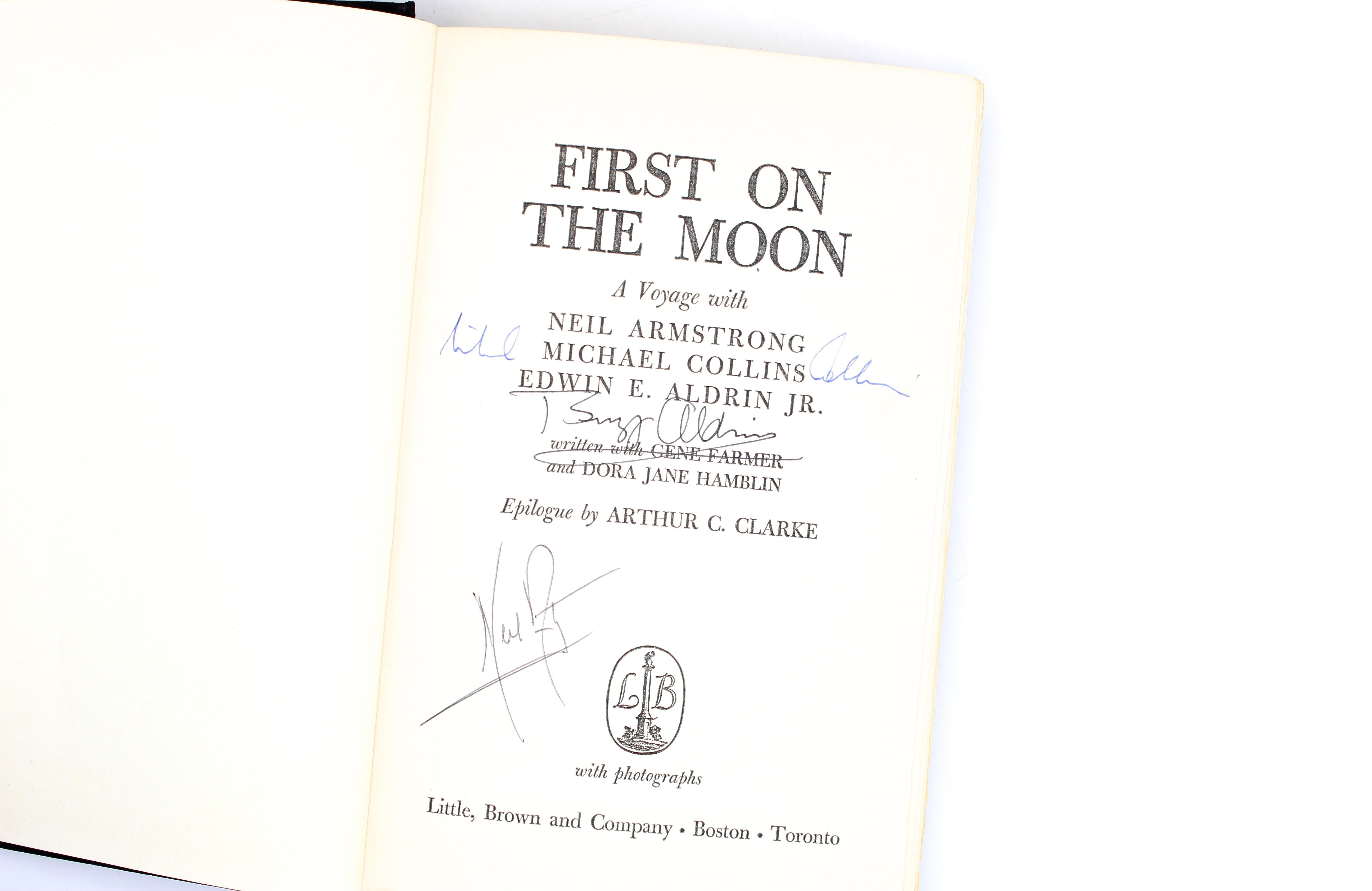 First on the Moon: A Voyage with Neil Armstrong, Michael Collins, and Edwin E. Aldrin Jr. by Gene Farmer and Dora Jane Hamblin.  Signed by Neil Armstrong, Buzz Aldrin, and Michael Collins.  Original dust jacket and presented in a custom leather and