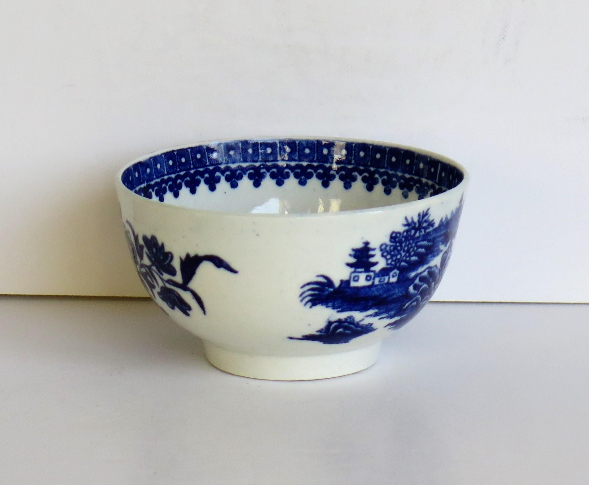Glazed First Period Dr. Wall Worcester porcelain Blue Bowl in Fisherman Ptn, Circa 1775