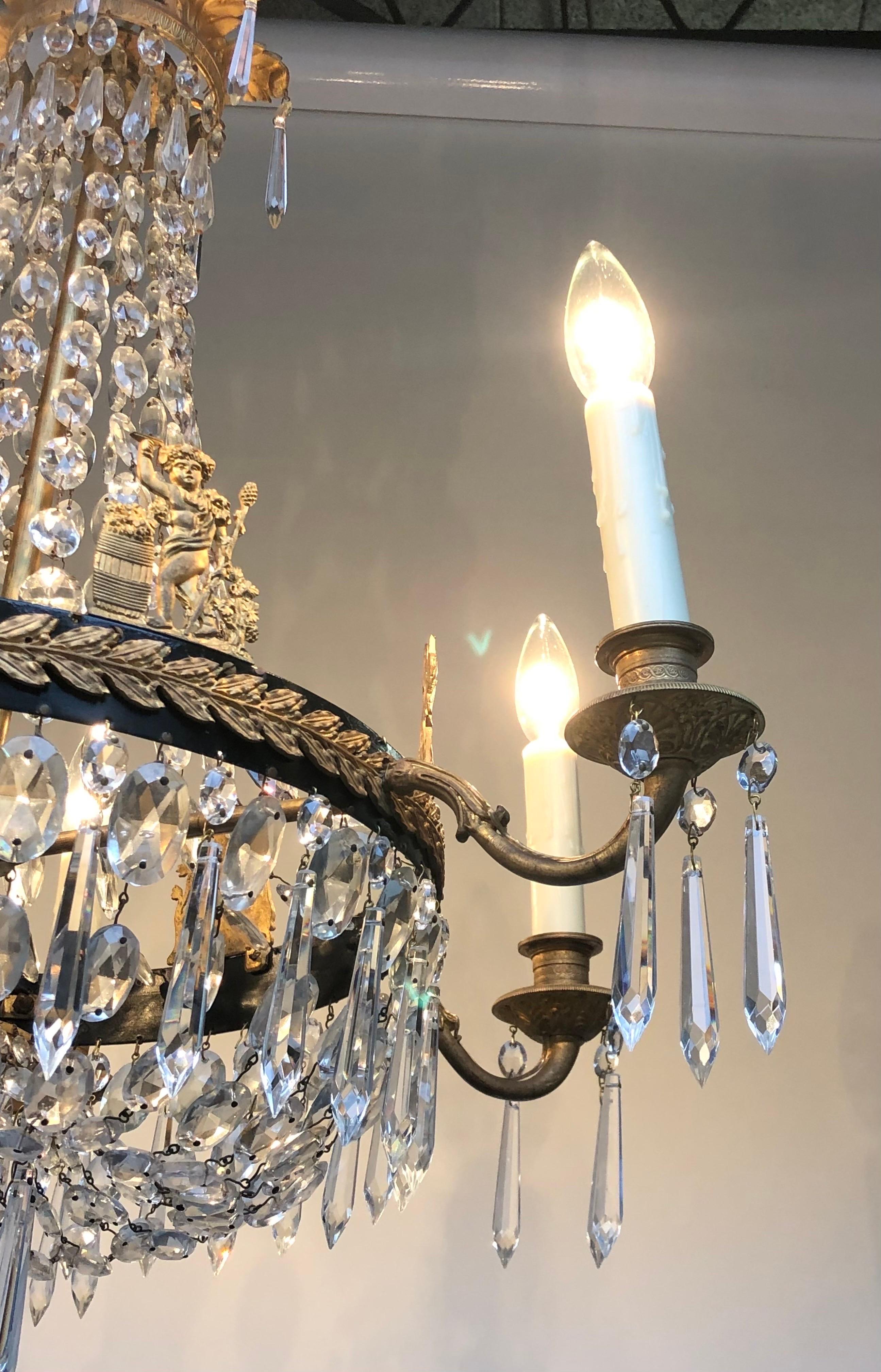  First Period French Empire Ormolu and Crystal Chandelier, Early 19th Century For Sale 12