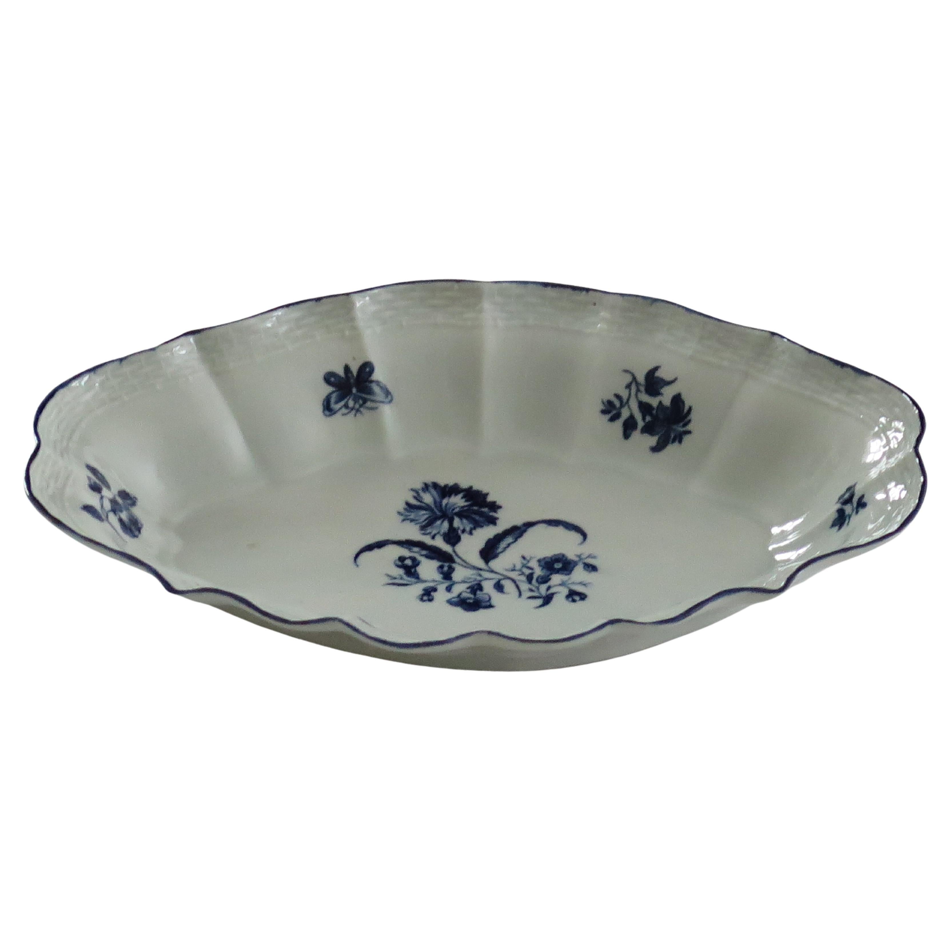 First Period Worcester Blue and White Desert Dish in Gillyflower ptn, Ca 1770