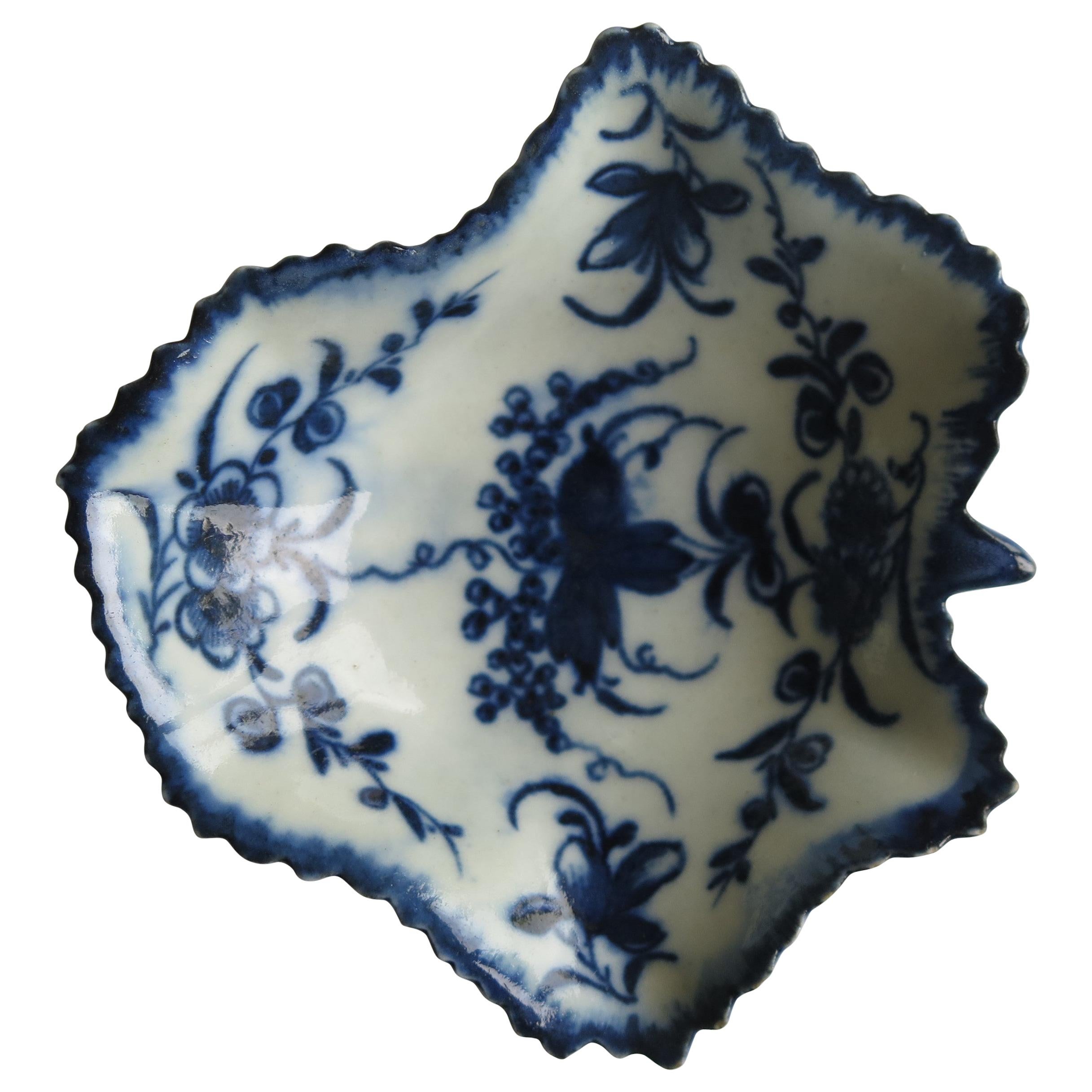 First Period Worcester Blue and White Pickle Leaf Dish in Floral Pattern ca 1770