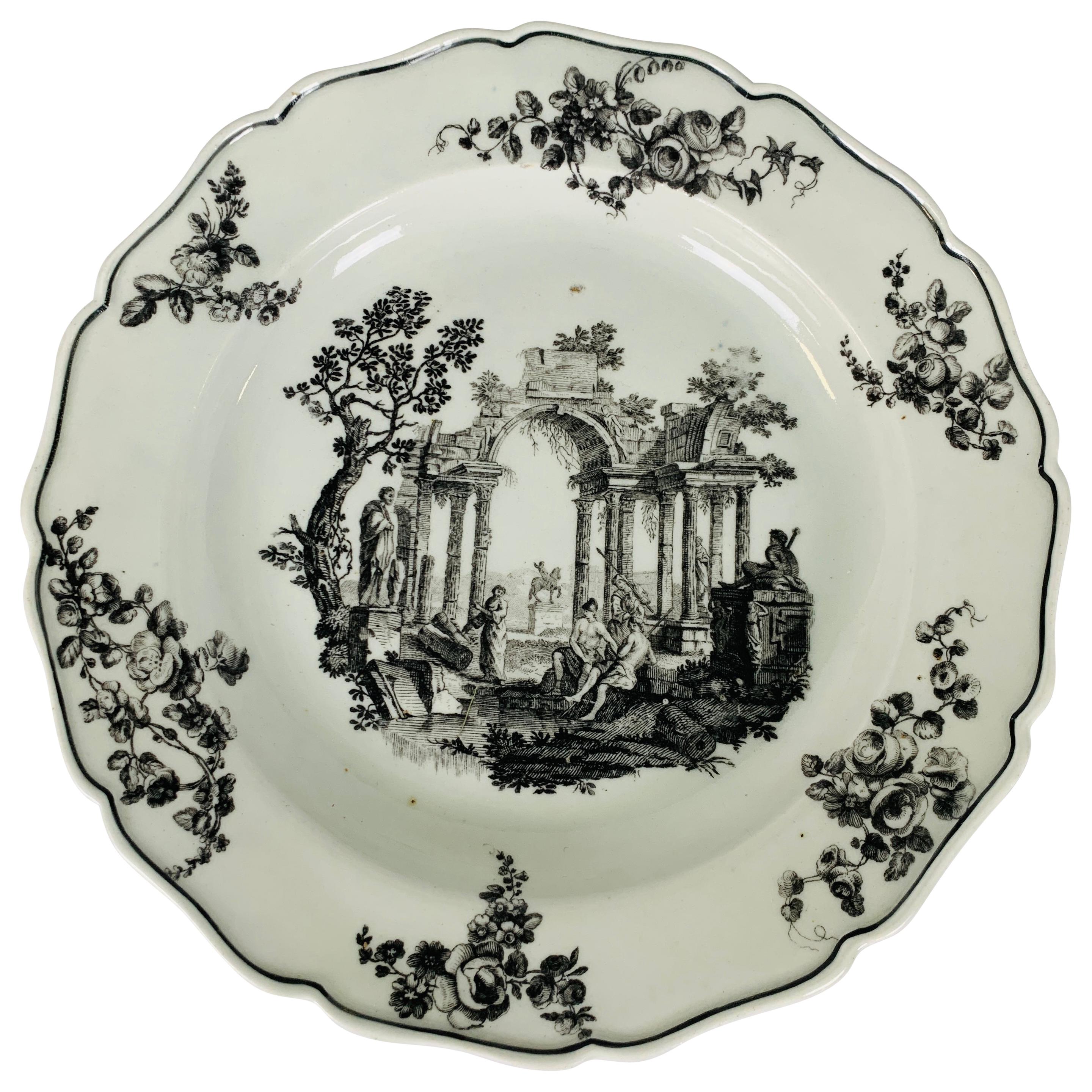 First Period Worcester Dish 18th Century Showing Scholars in Ancient Ruins