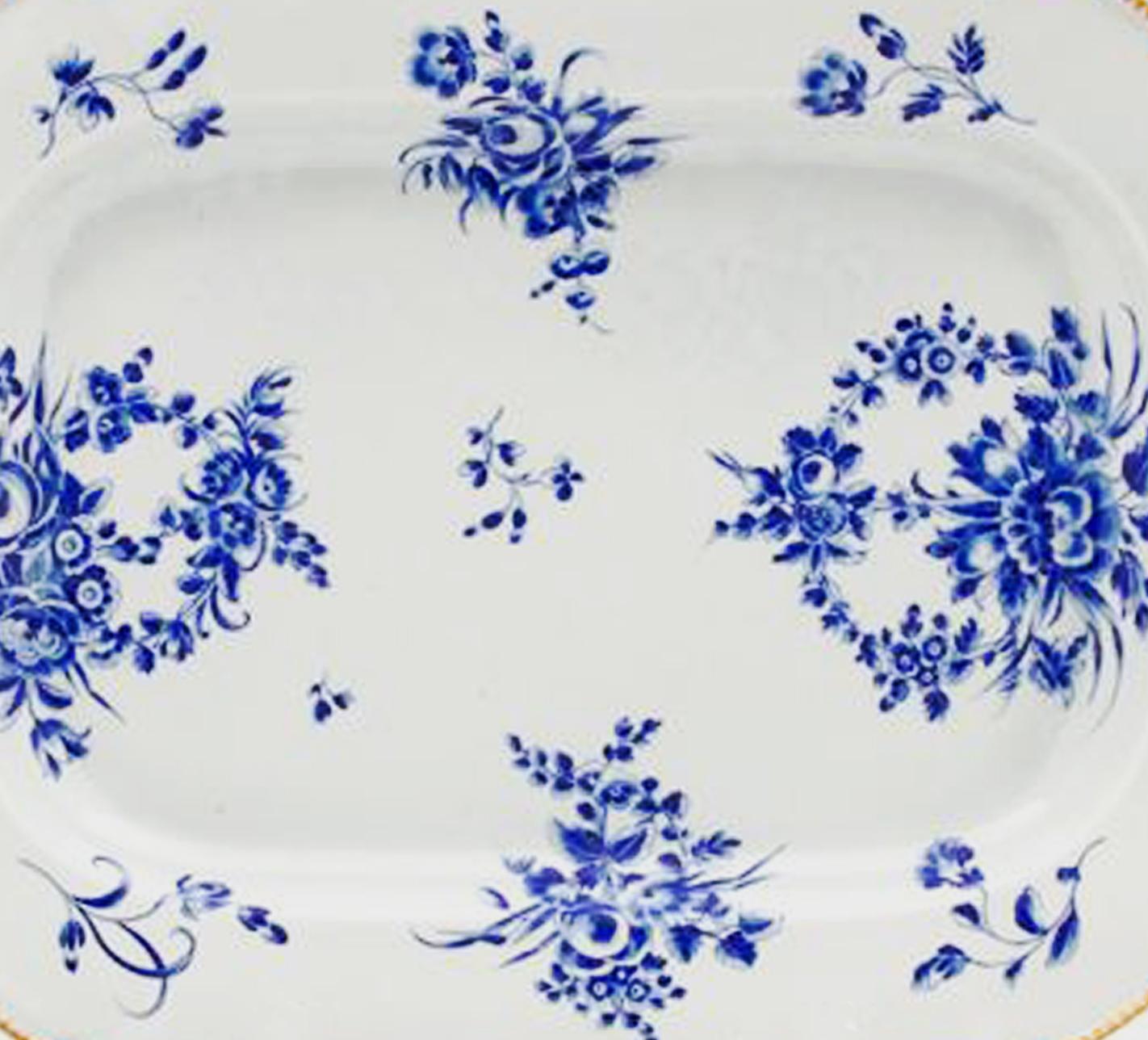 First Period Worcester dry blue enamel large dish or platter,
(Dr. Wall),
circa 1768-1970.

The large First Period Worcester porcelain dish with canted corners is painted with flowers in dry blue.

John Sandon mentions that blue enamel was a