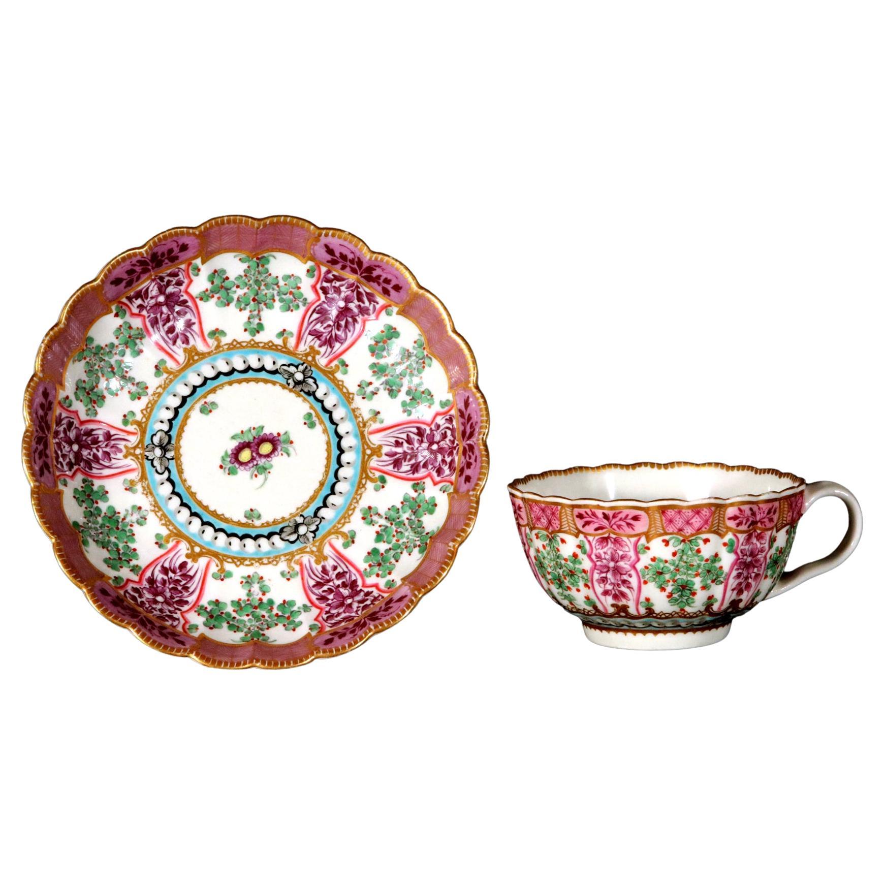 First Period Worcester Holly Berry Pattern Porcelain Tea Bowl and Saucer For Sale