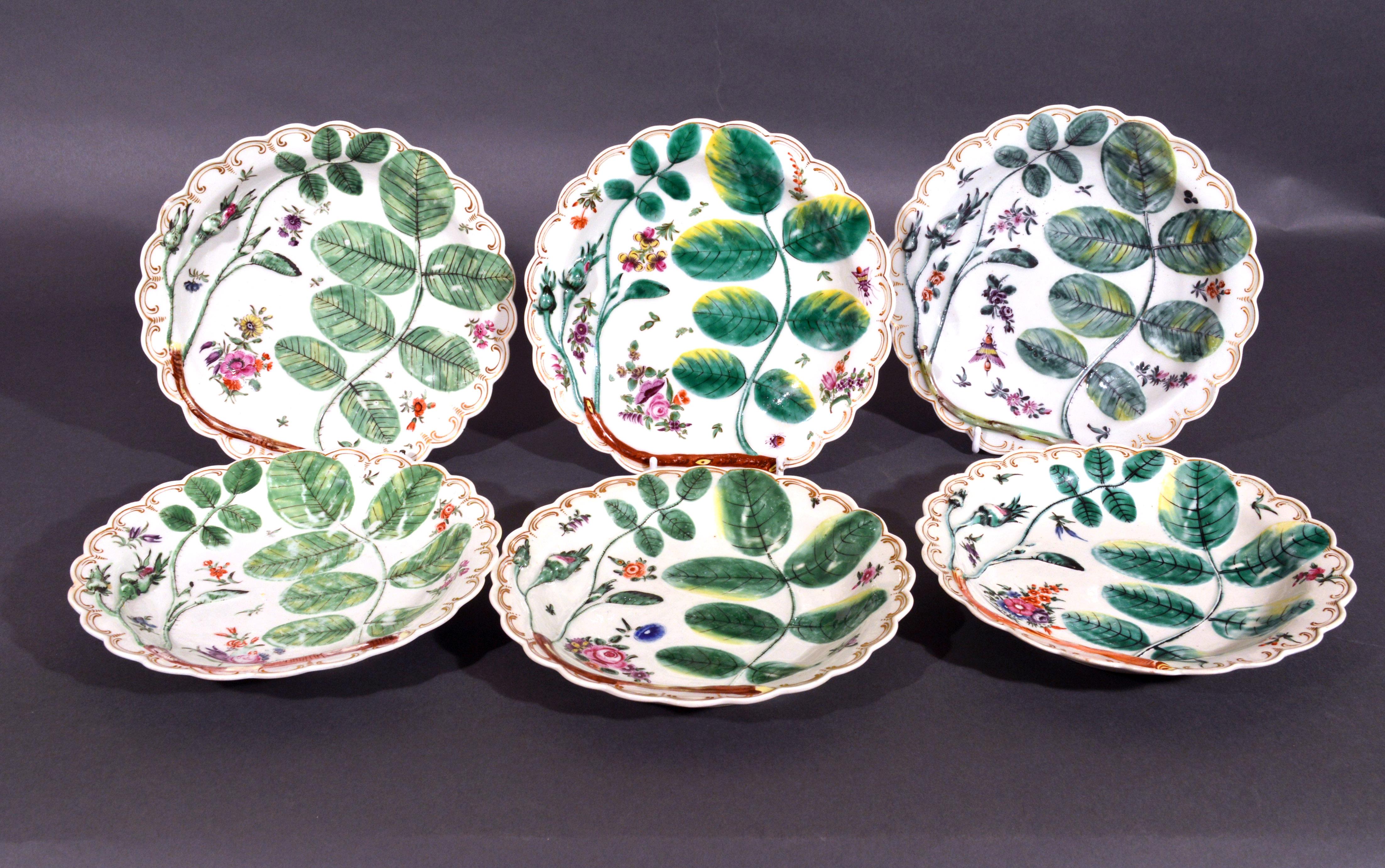 First Period Worcester pair of blind earl porcelain dishes,
circa 1770

The Blind Earl pattern molded dishes with rosebuds and molded leaves picked out in colored enamels and painted with small sprays of flowers and leaves and scattered flowers,