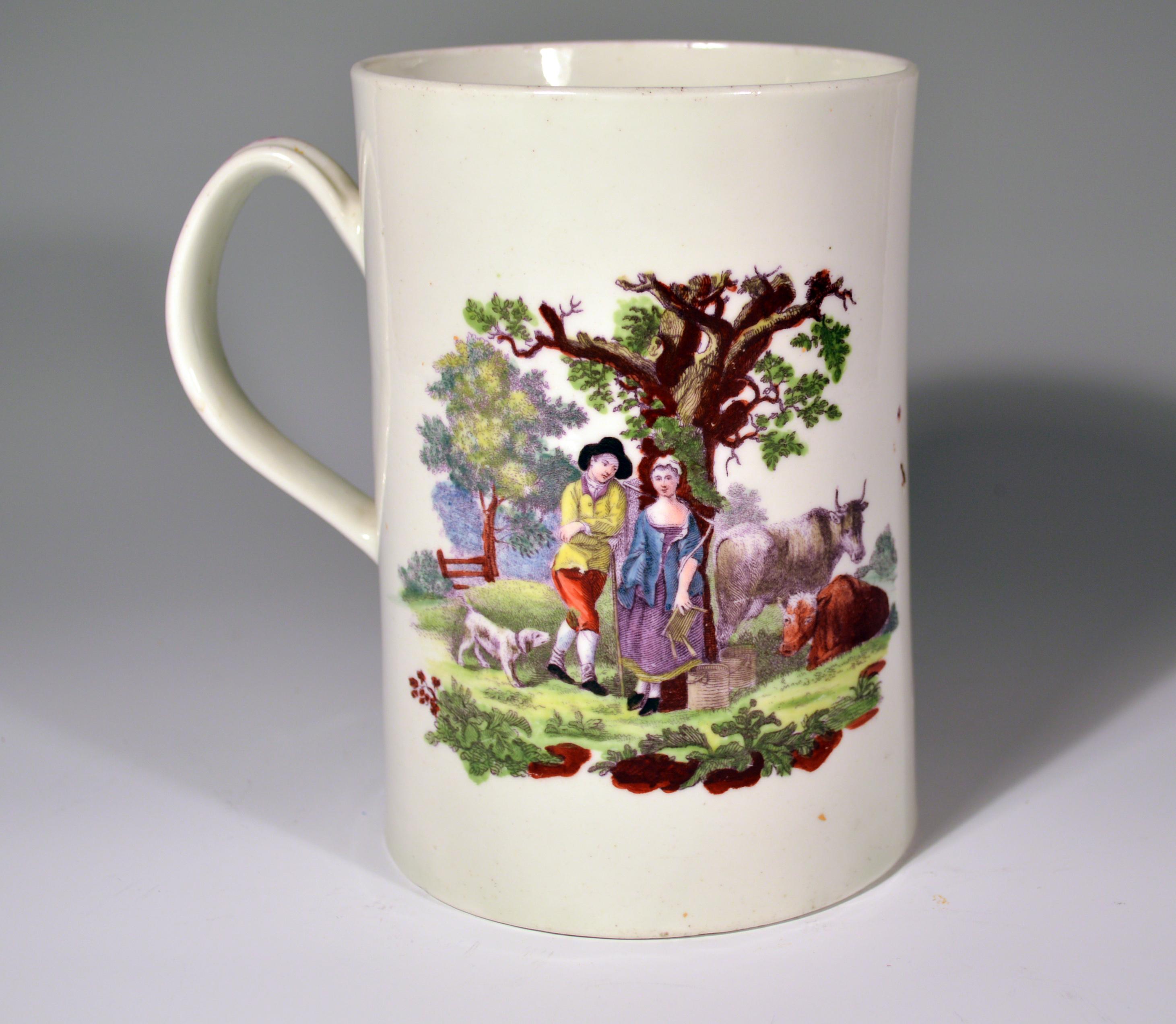 First Period Worcester polychrome porcelain tankard decorated with the milking scene (No.1) and rural lovers on the reverse,
circa 1768
(VM98322A)

The cylindrical First period Worcester tankard with flaring foot depicts two polychrome painted