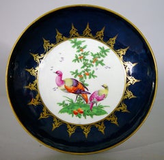 First Period Worcester Porcelain Blue-Ground Exotic Bird-Decorated Cake Plate