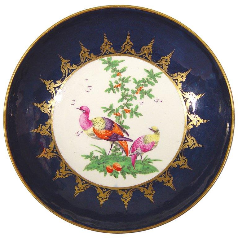 Georgian First Period Worcester Porcelain Blue-Ground Exotic Bird-Decorated Cake Plate For Sale