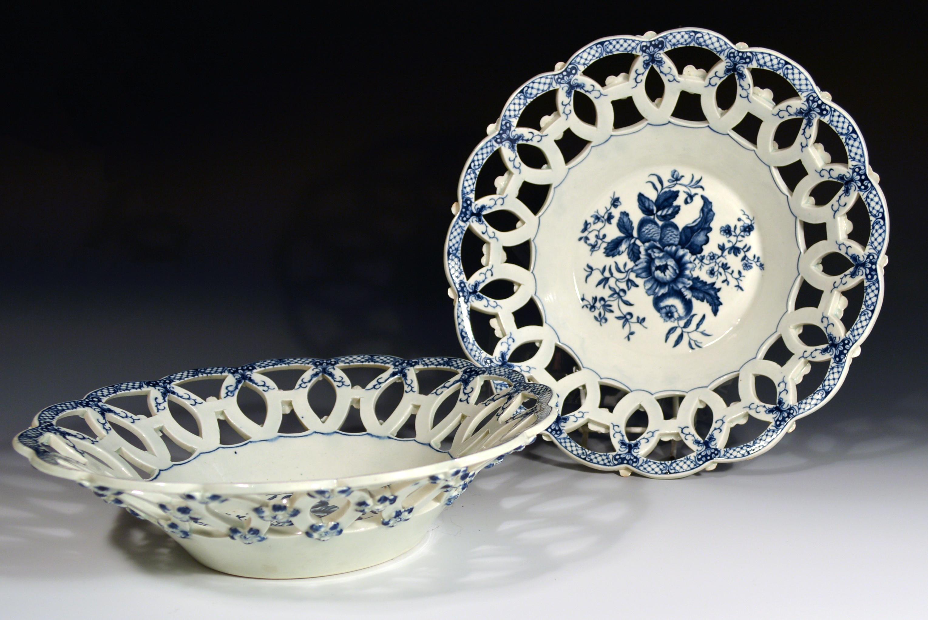 First Period Worcester large porcelain large pair of openwork fruit baskets,
Printed 