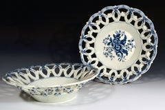 First Period Worcester Porcelain Large Pair of Openwork Fruit Baskets