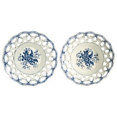 First Period Worcester Porcelain Large Pair of Openwork Fruit Baskets
