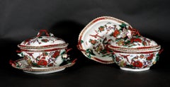 First Period Worcester Porcelain Phoenix Pattern Sauce Tureens, Covers & Stands