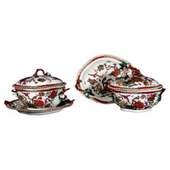 Antique First Period Worcester Porcelain Phoenix Pattern Sauce Tureens, Covers & Stands