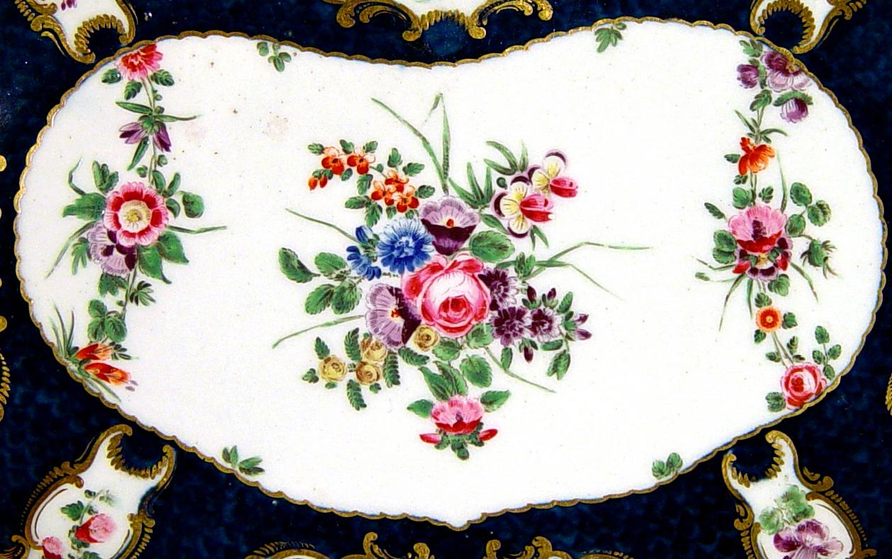 Ce plat botanique en forme de rein en porcelaine de Worcester du XVIIIe siècle présente un fond bleu avec quatre grands panneaux en forme et quatre petits panneaux en forme de vase sur le bord, tous finement peints de fleurs. 

Les panneaux en forme