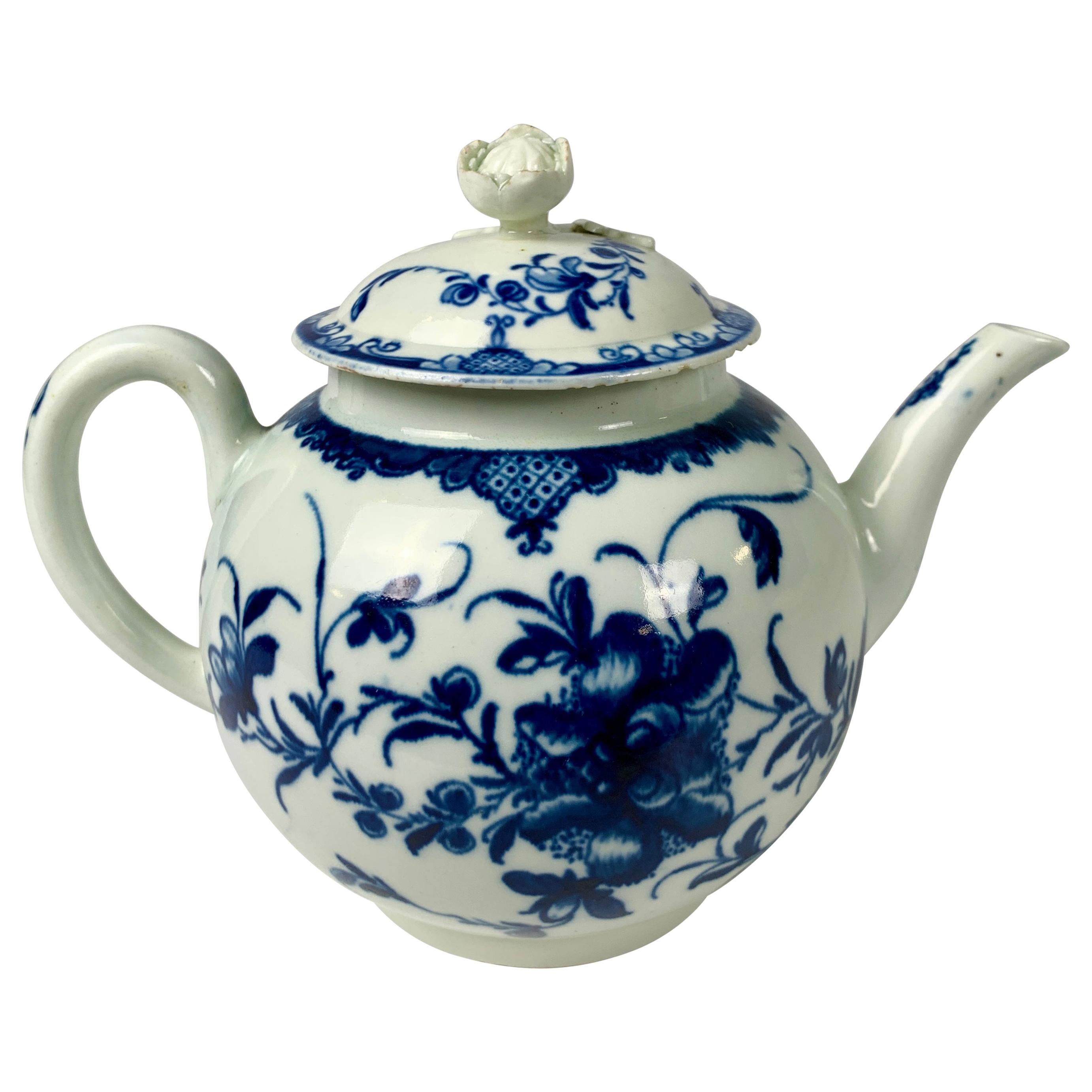 First Period Worcester Teapot Painted Underglaze Blue Mansfield Pattern c-1765