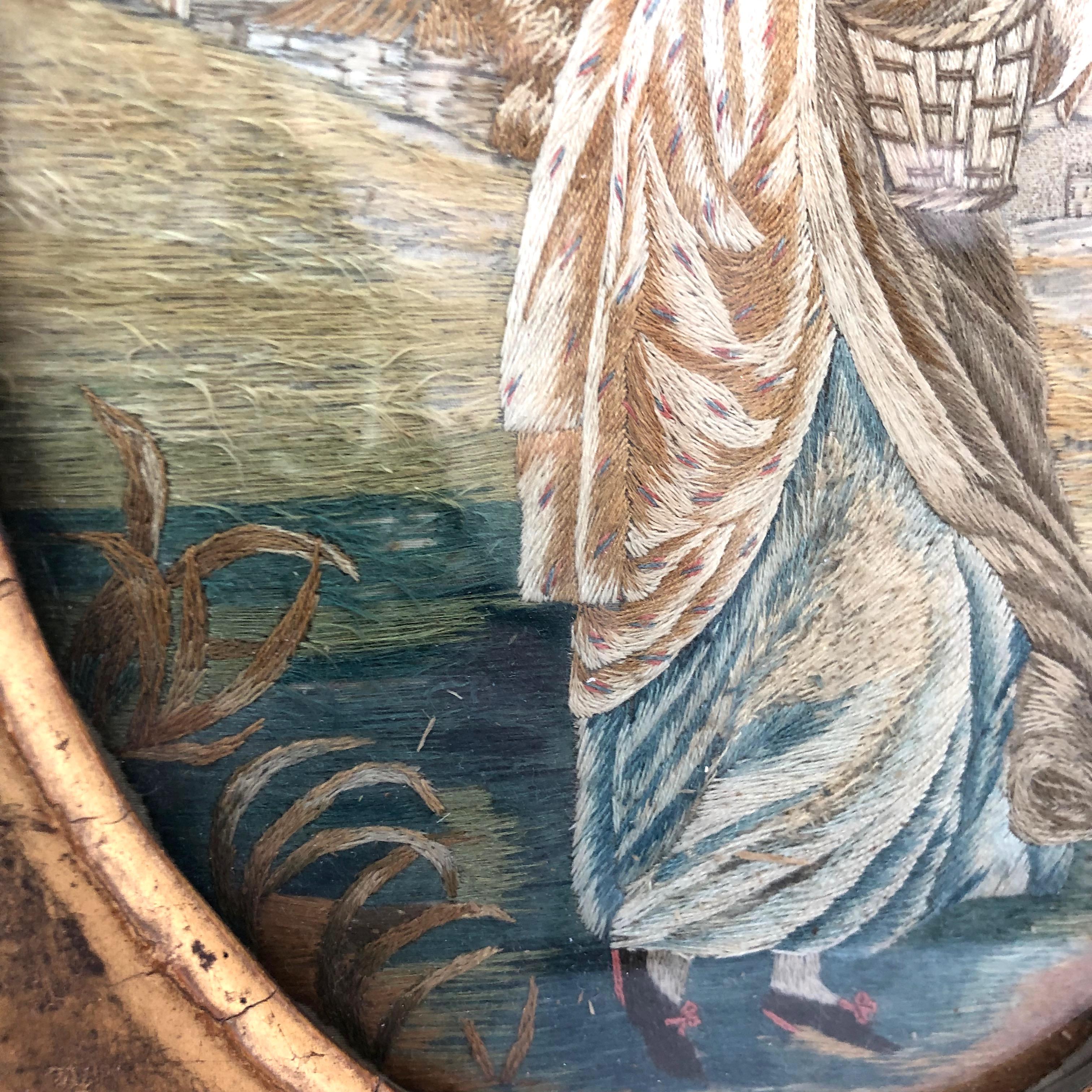 First Quarter of the 19th Century Oval Antique Framed Silk Embroidery In Excellent Condition For Sale In Boston, MA