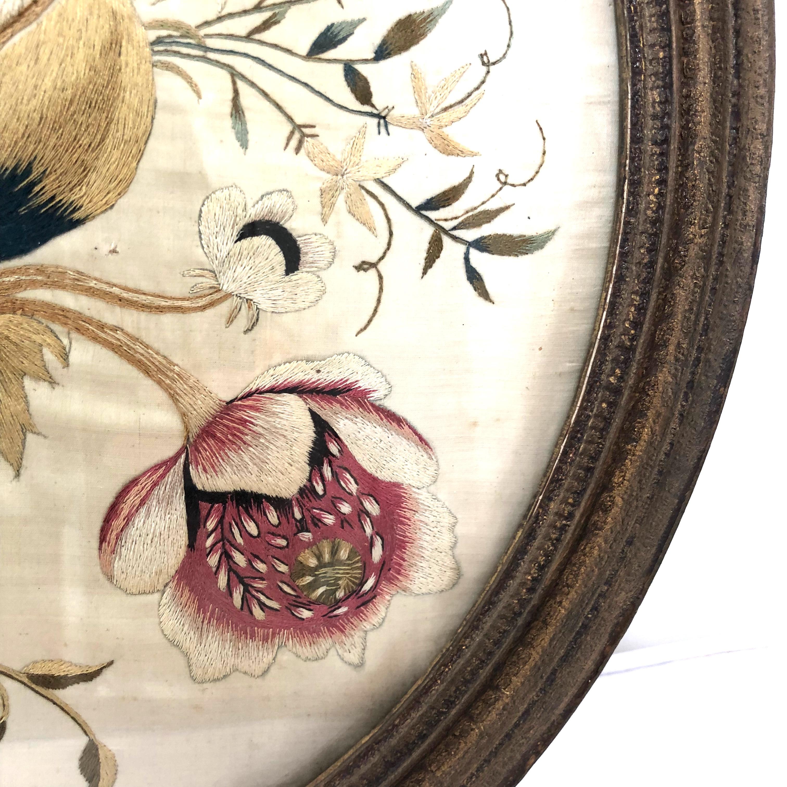 American First Quarter of the 19th Century Oval Floral Embroidery For Sale