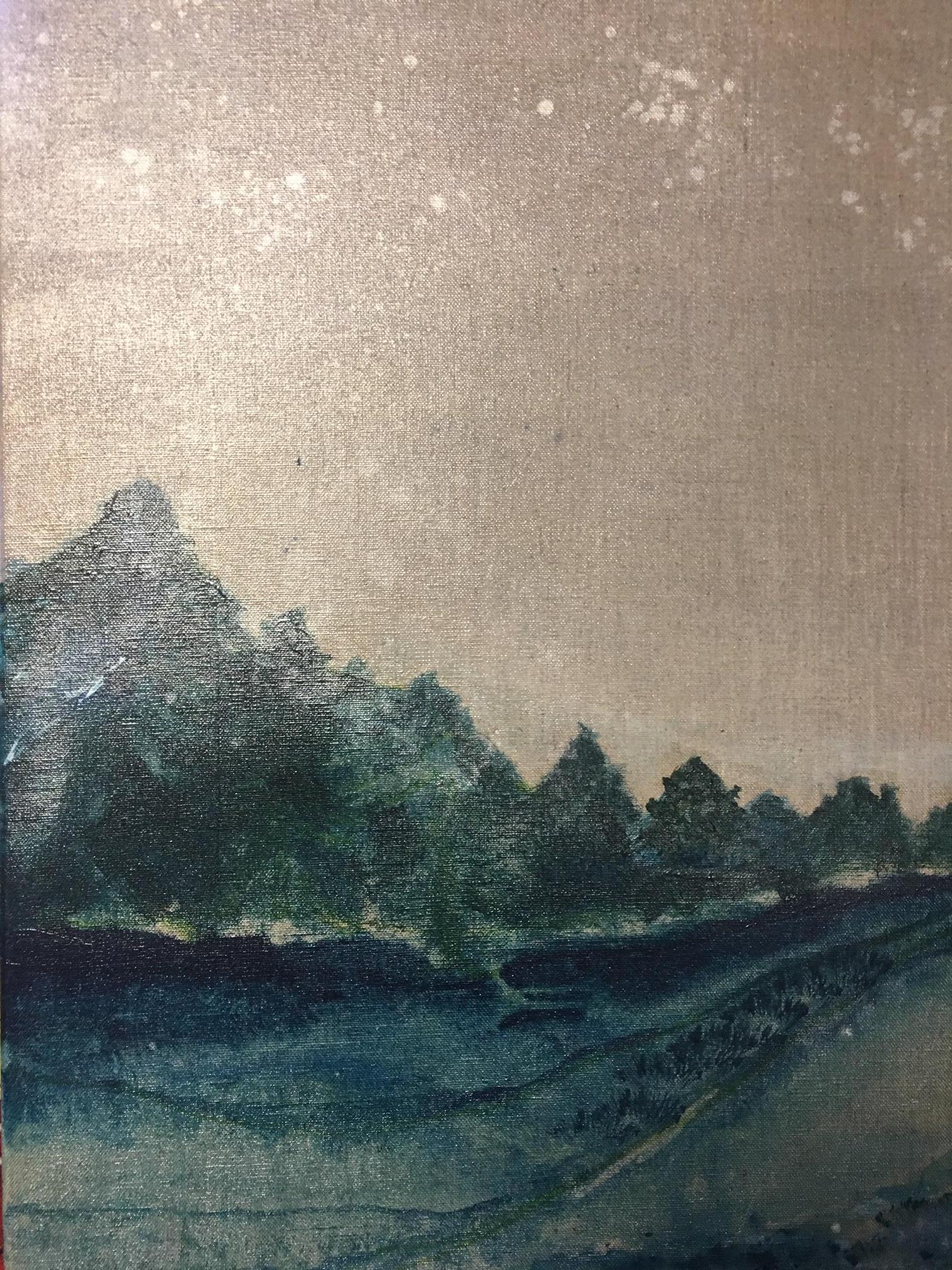 This painting is by Raleigh artist Ellan Maynard. It is painted on natural colored stretched canvas and features the way home through a forest of evergreens. It can be shipped to you in time for the winter holidays. It features dark greens and