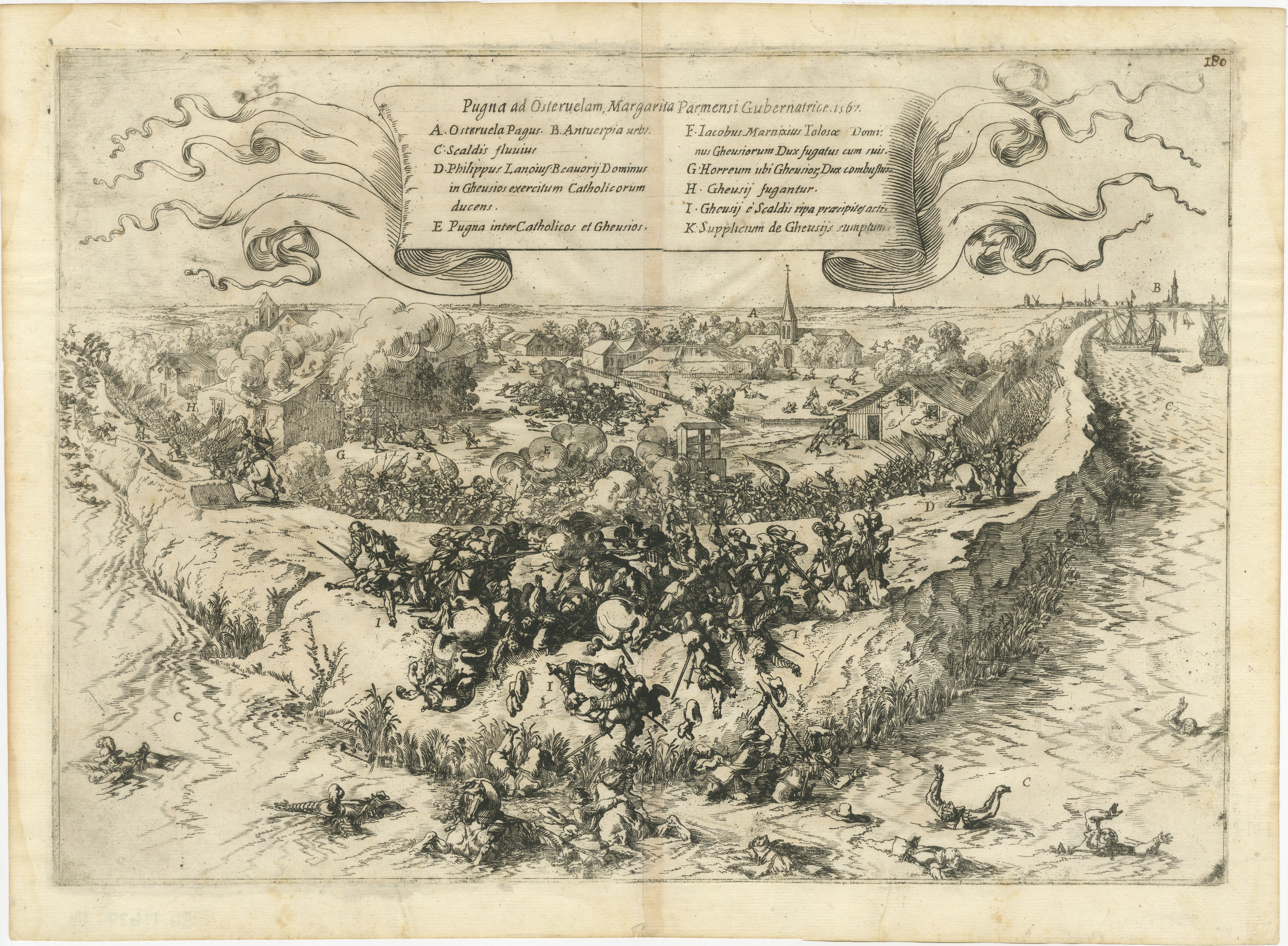 An original antique engraving of the Battle of Oosterweel, which took place in 1567 during the Dutch Revolt. It is an early conflict leading up to the full-scale Eighty Years' War. The battle was a significant defeat for the rebels against Spanish
