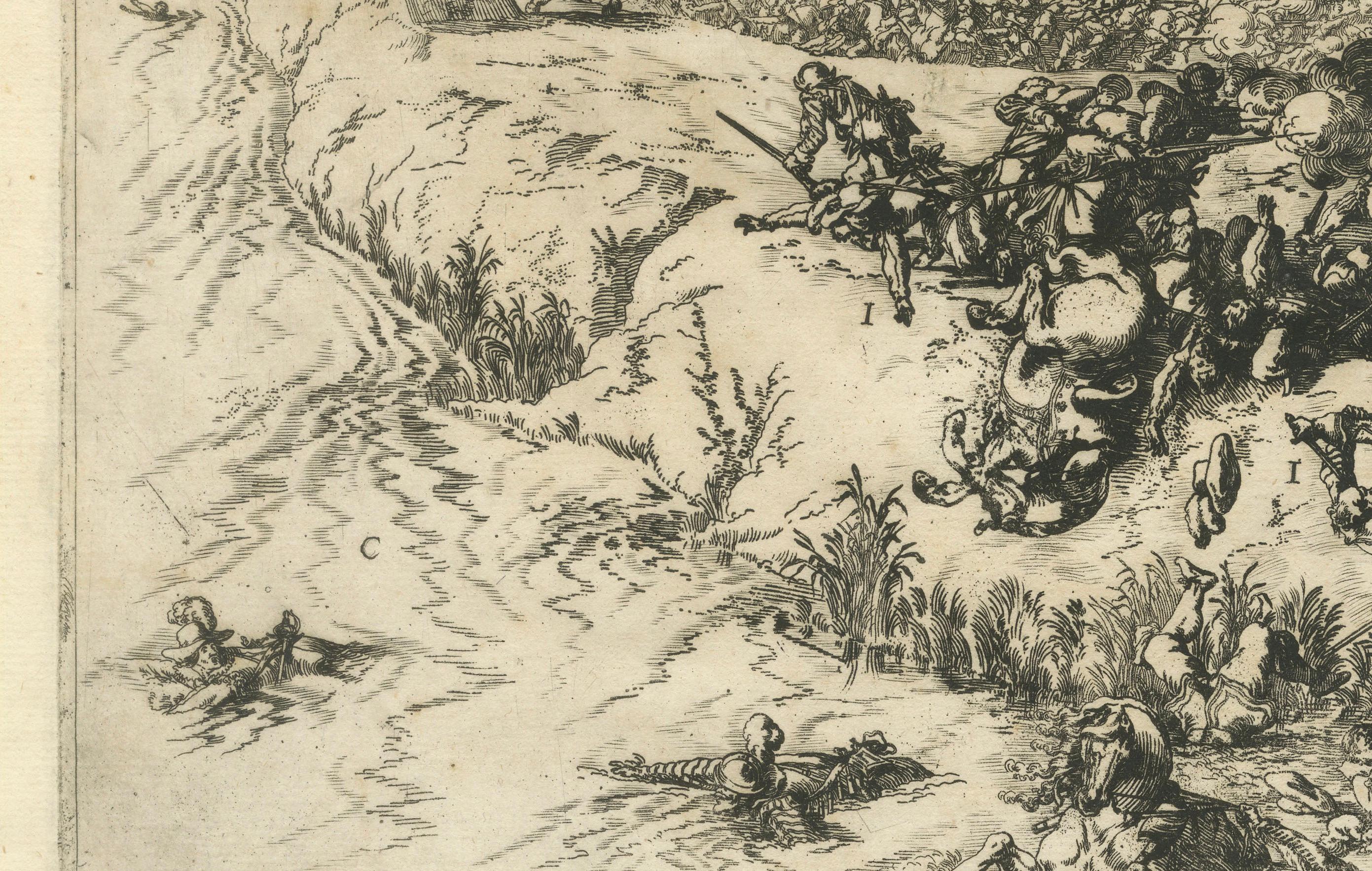 Les premières éclairs de la guerre de huit ans à Oosterweel en 1567, gravée en 1632 Bon état - En vente à Langweer, NL