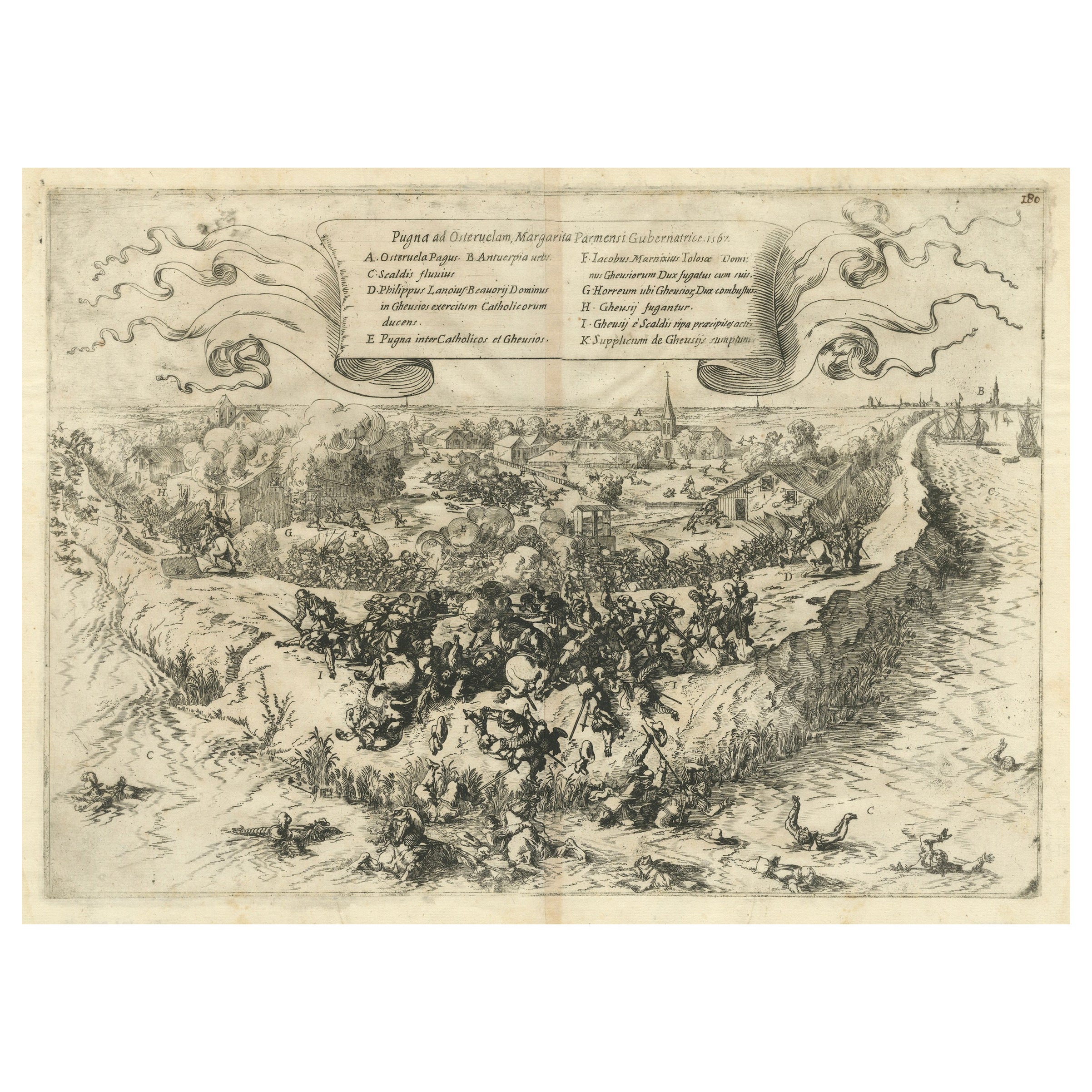 Les premières éclairs de la guerre de huit ans à Oosterweel en 1567, gravée en 1632