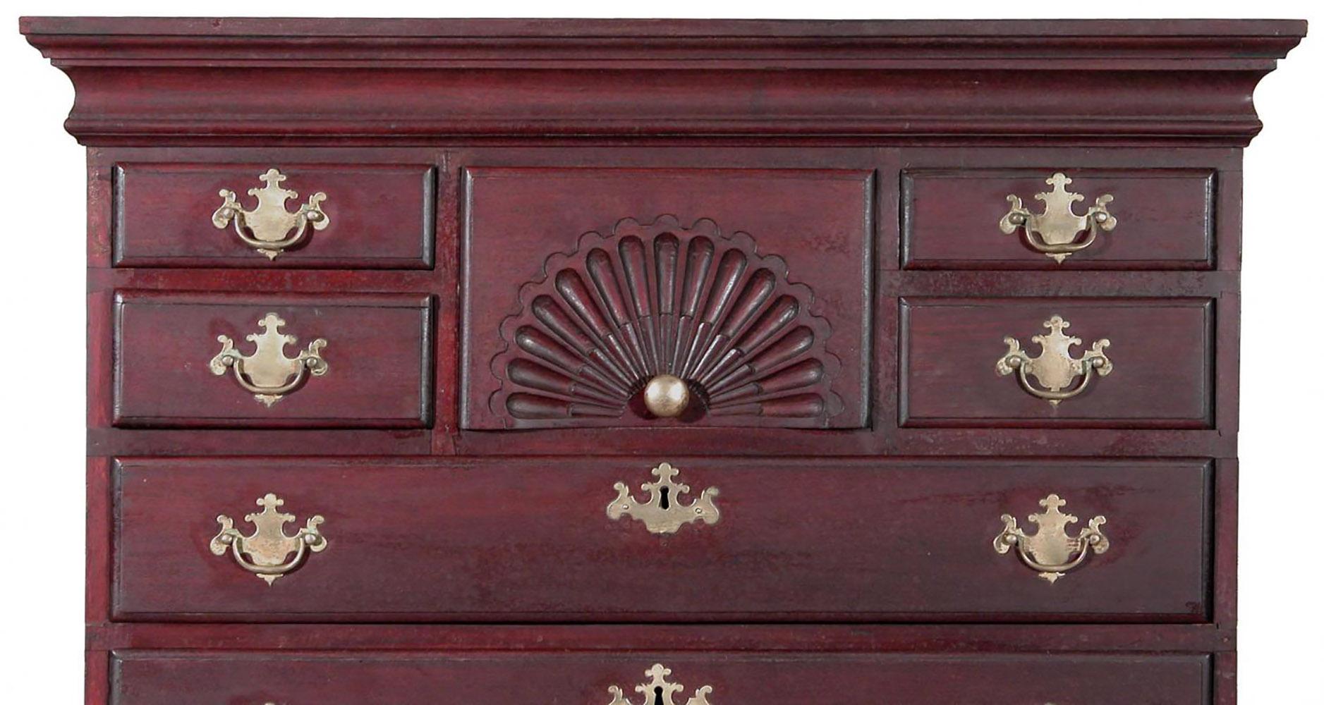 This small scale piece is in all original condition, we have left it untouched, circa 1800. We are proud to offer what we believe is one of the finest diminutive New Hampshire chests in Dunlap's ?uvre, with its original brasses and best shell. This