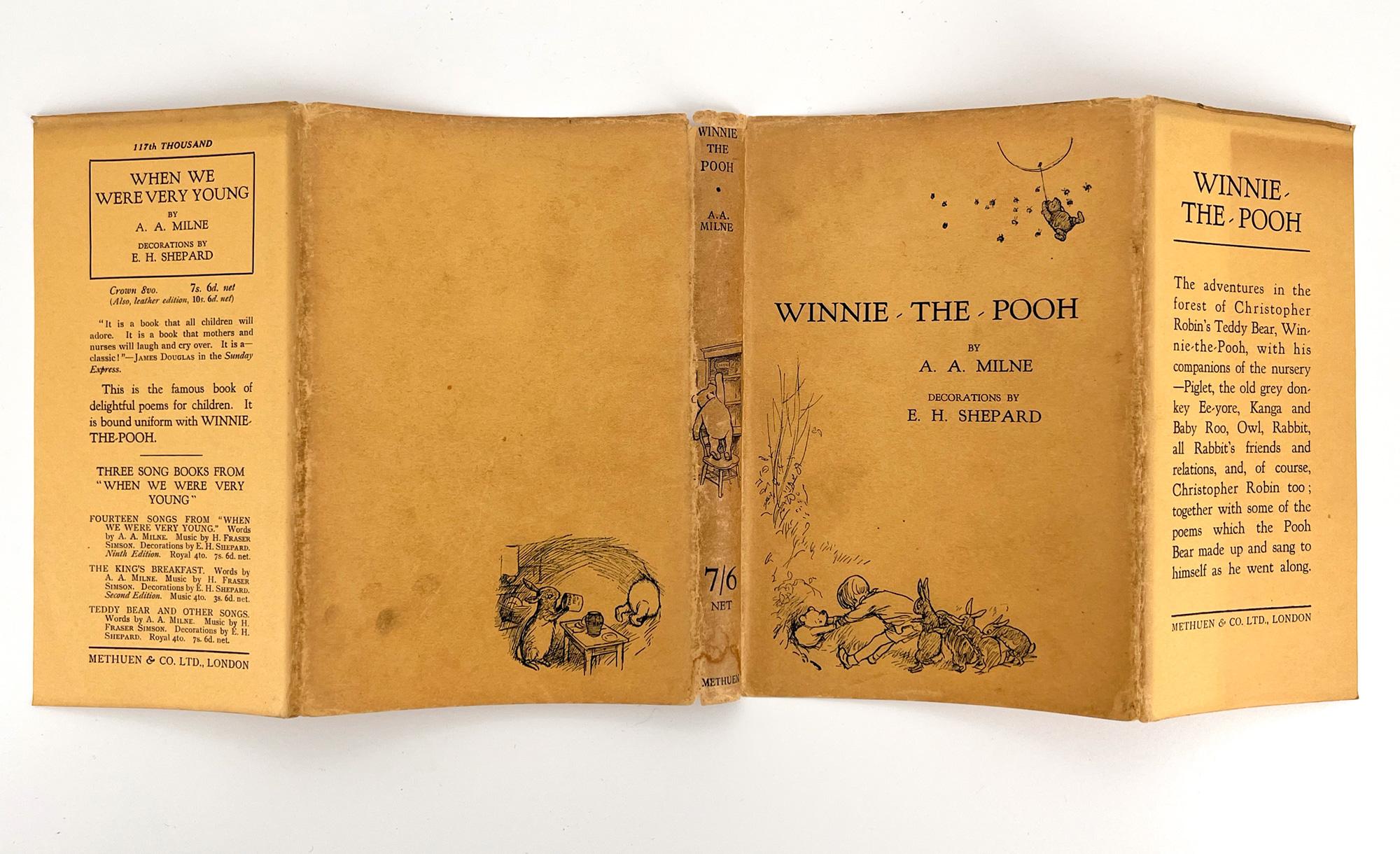 Milne, A.A. (Alan Alexander):  Winnie-the-Pooh

An Exceptionally rare copy of the FIRST TRADE EDITION of Winnie-the-Pooh signed by both the Author and the Illustrator, with Original dust-jacket.

London: Methuen, 1926.; First Trade Edition. 
Crown
