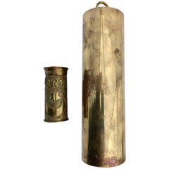 Antique First World War French Trench Art, Two Carved Brass Shells, Cup and Clock Weight