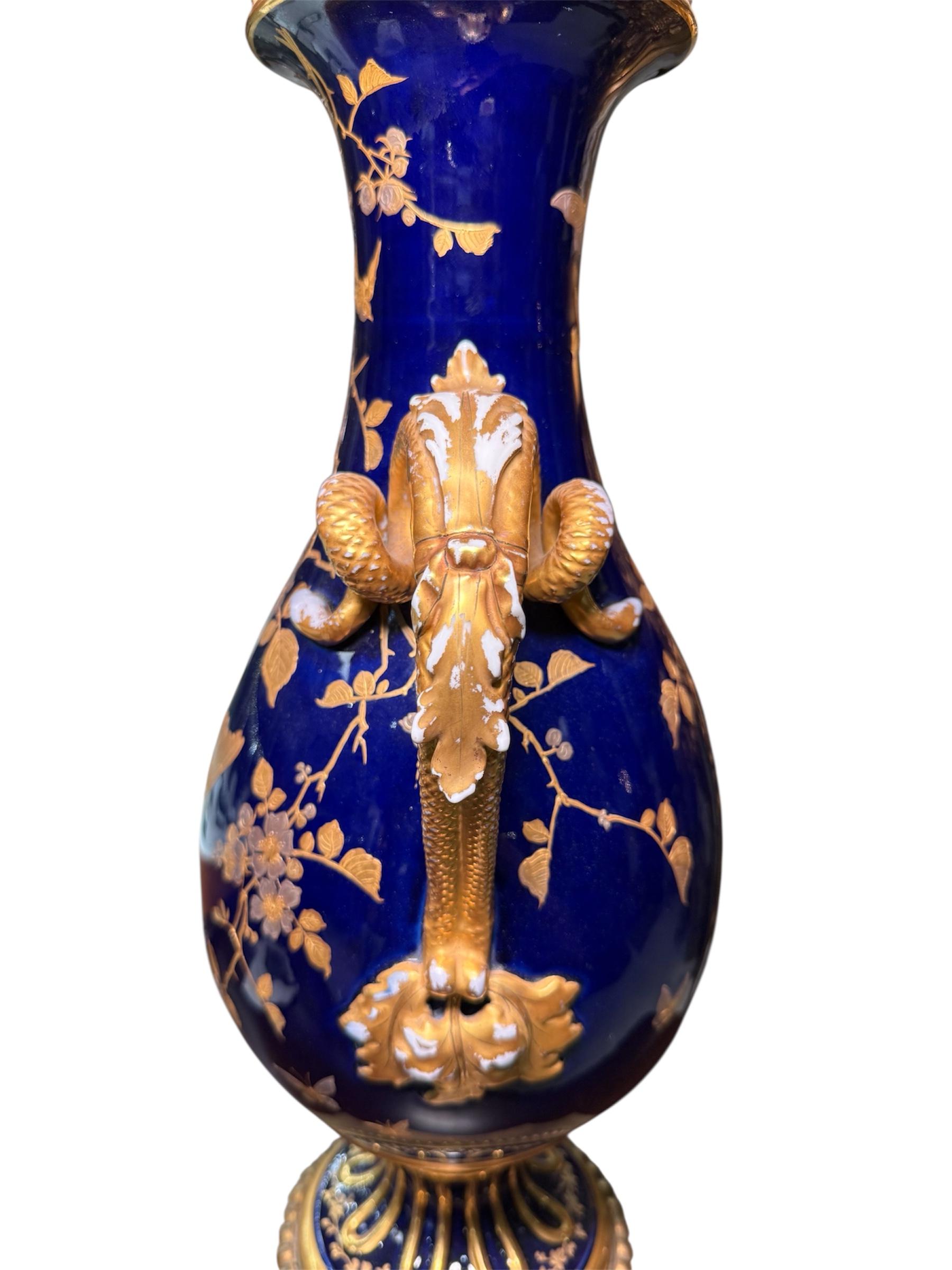 Fischer And Mieg Gilt Cobalt Blue Porcelain Urn Vase For Sale 4
