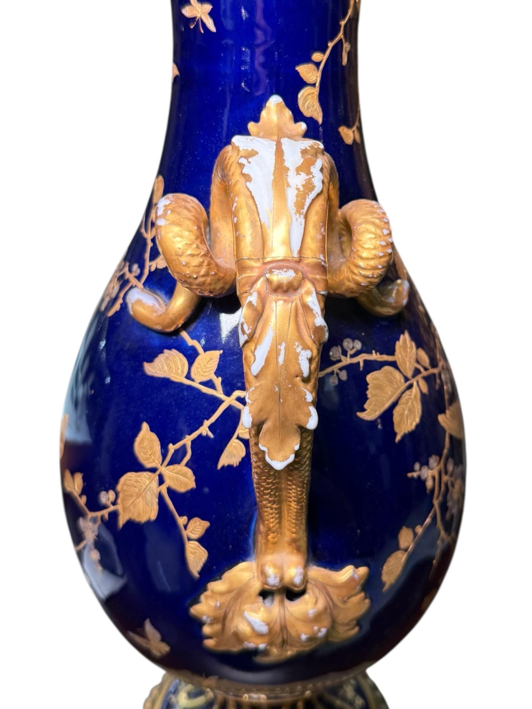 Fischer And Mieg Gilt Cobalt Blue Porcelain Urn Vase For Sale 5