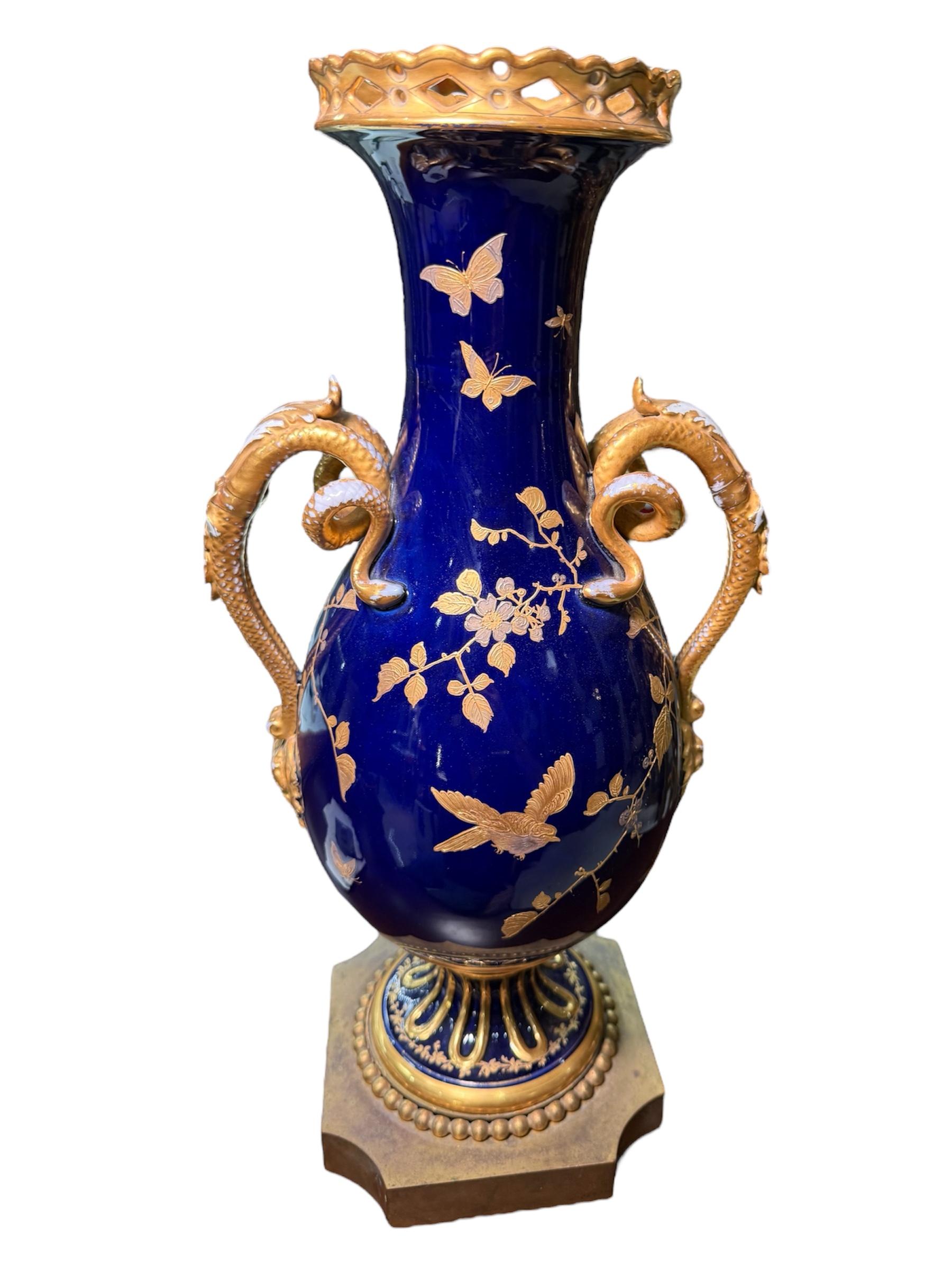 Fischer And Mieg Gilt Cobalt Blue Porcelain Urn Vase For Sale 6