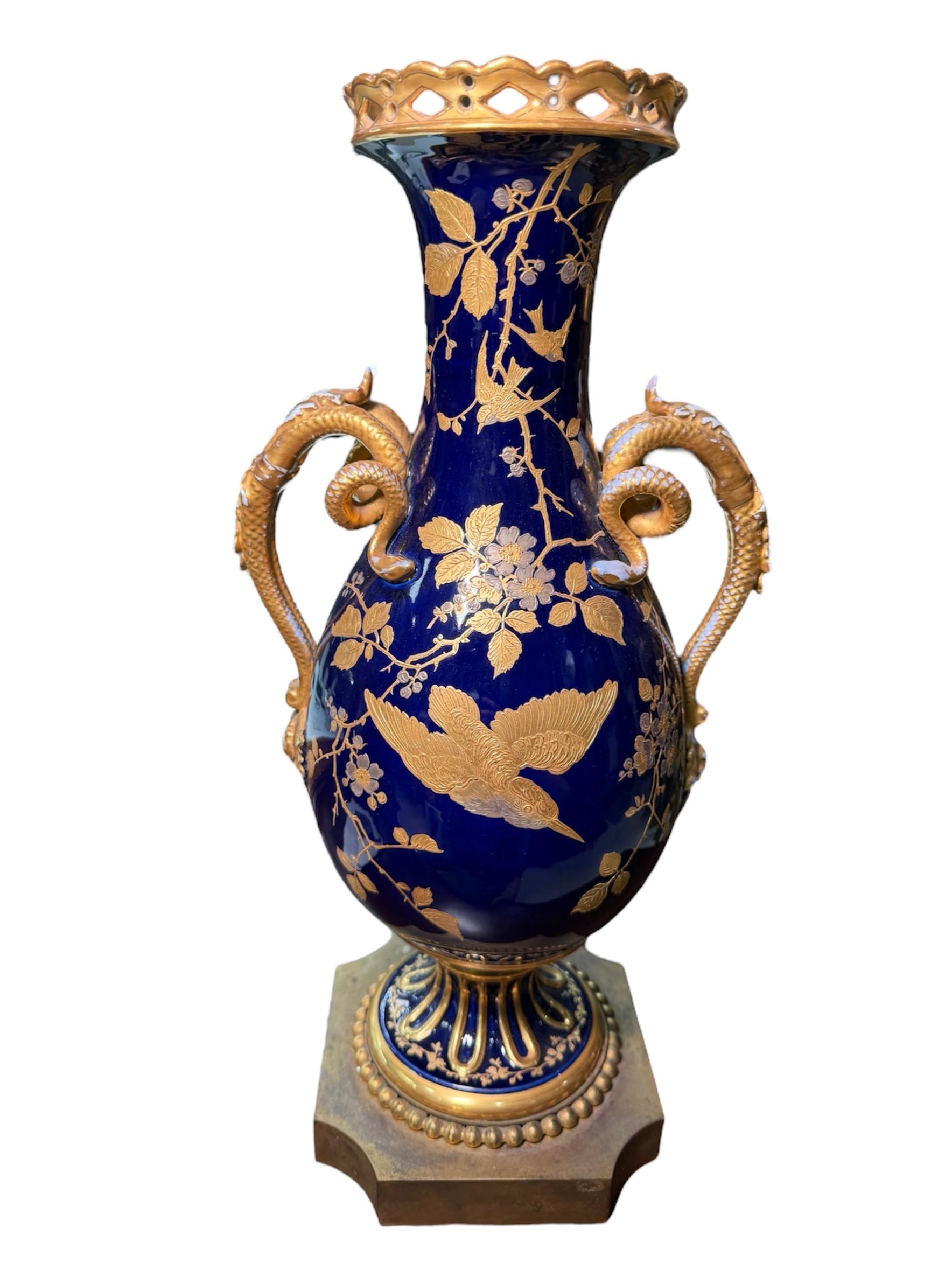 Fischer And Mieg Gilt Cobalt Blue Porcelain Urn Vase For Sale 7