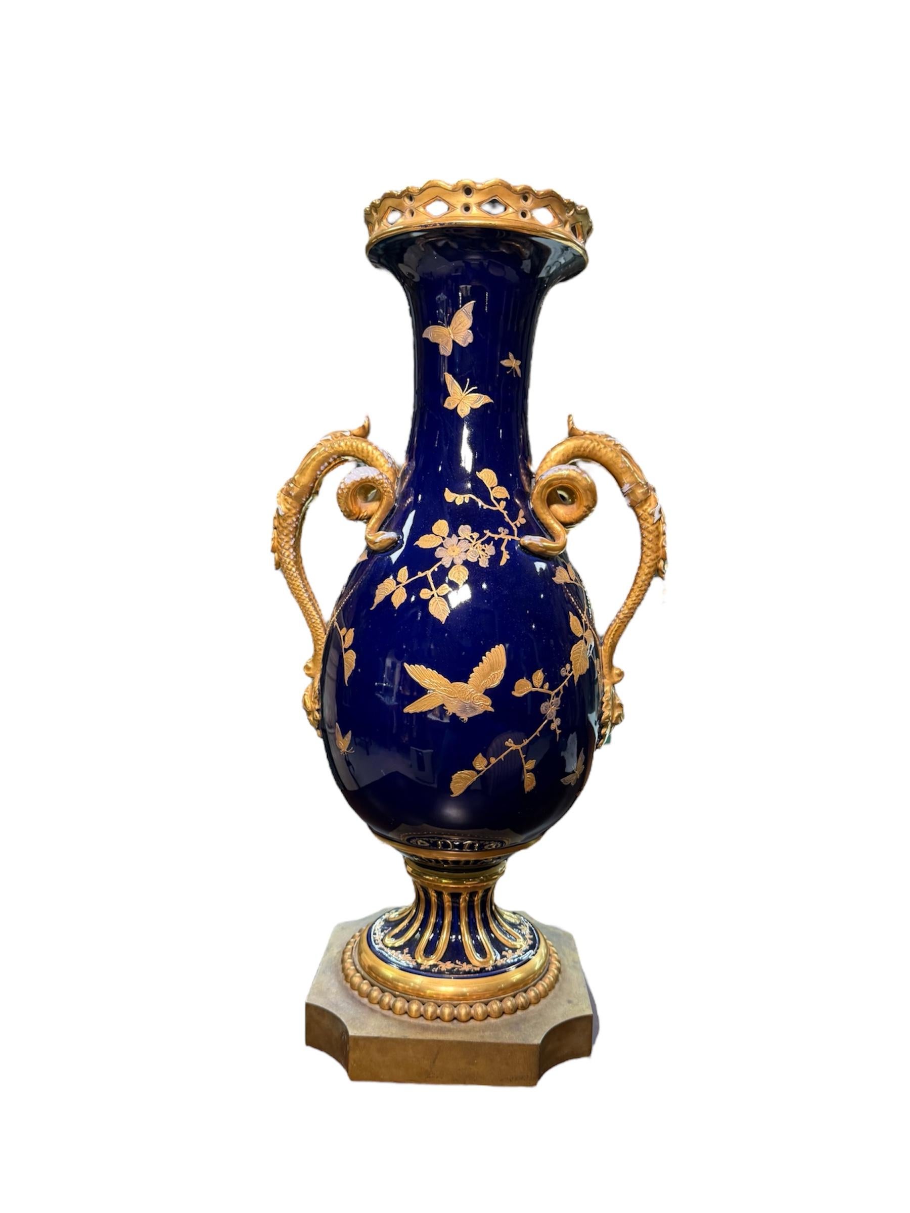 Art Nouveau Fischer And Mieg Gilt Cobalt Blue Porcelain Urn Vase For Sale
