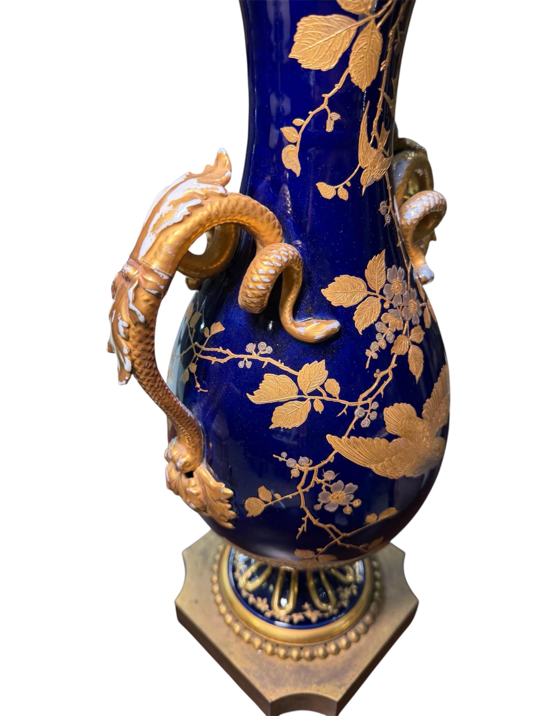 19th Century Fischer And Mieg Gilt Cobalt Blue Porcelain Urn Vase For Sale