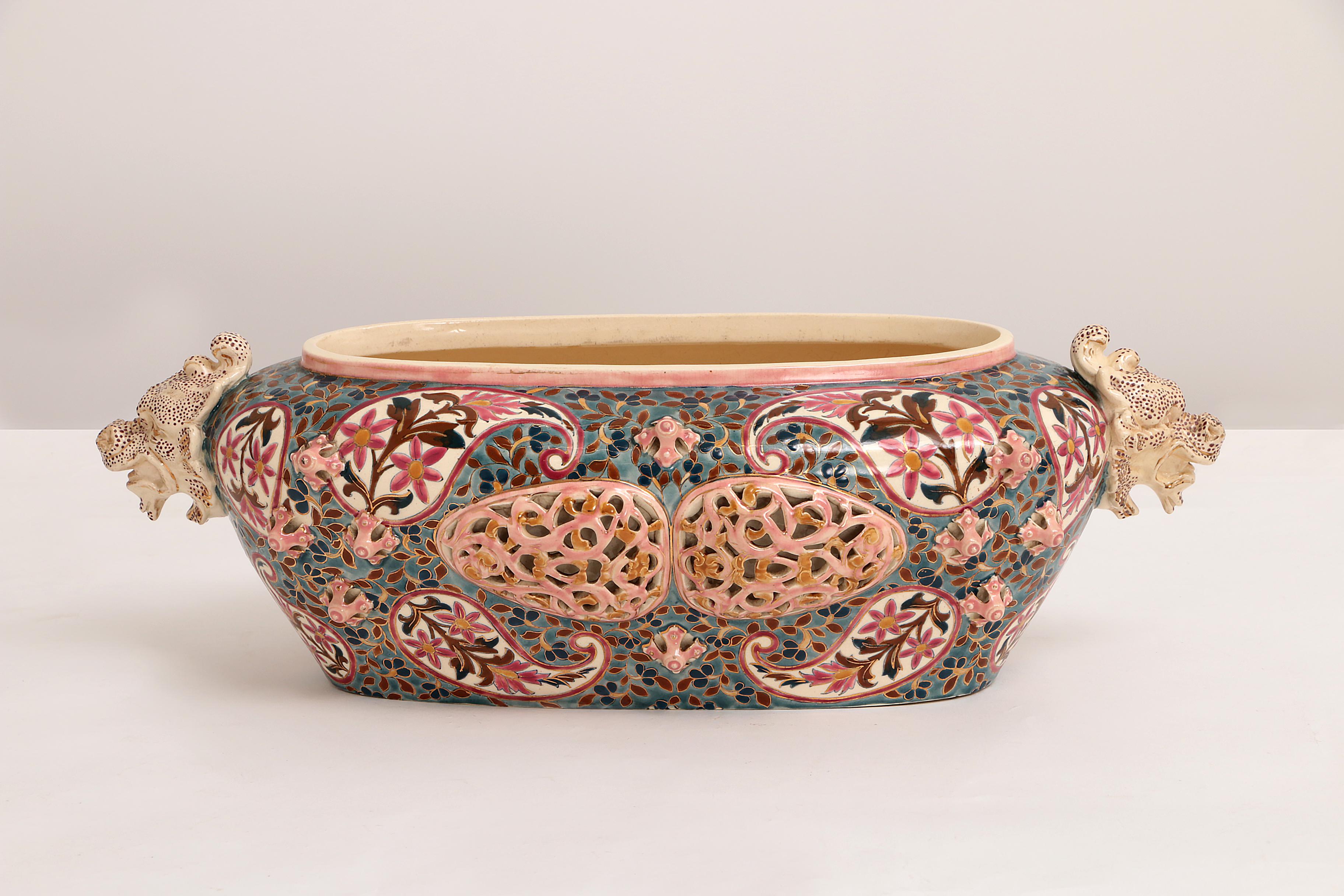 Hungarian Fischer Budapest Bowl with Beautiful Colors and Dragon Heads, 19th Century