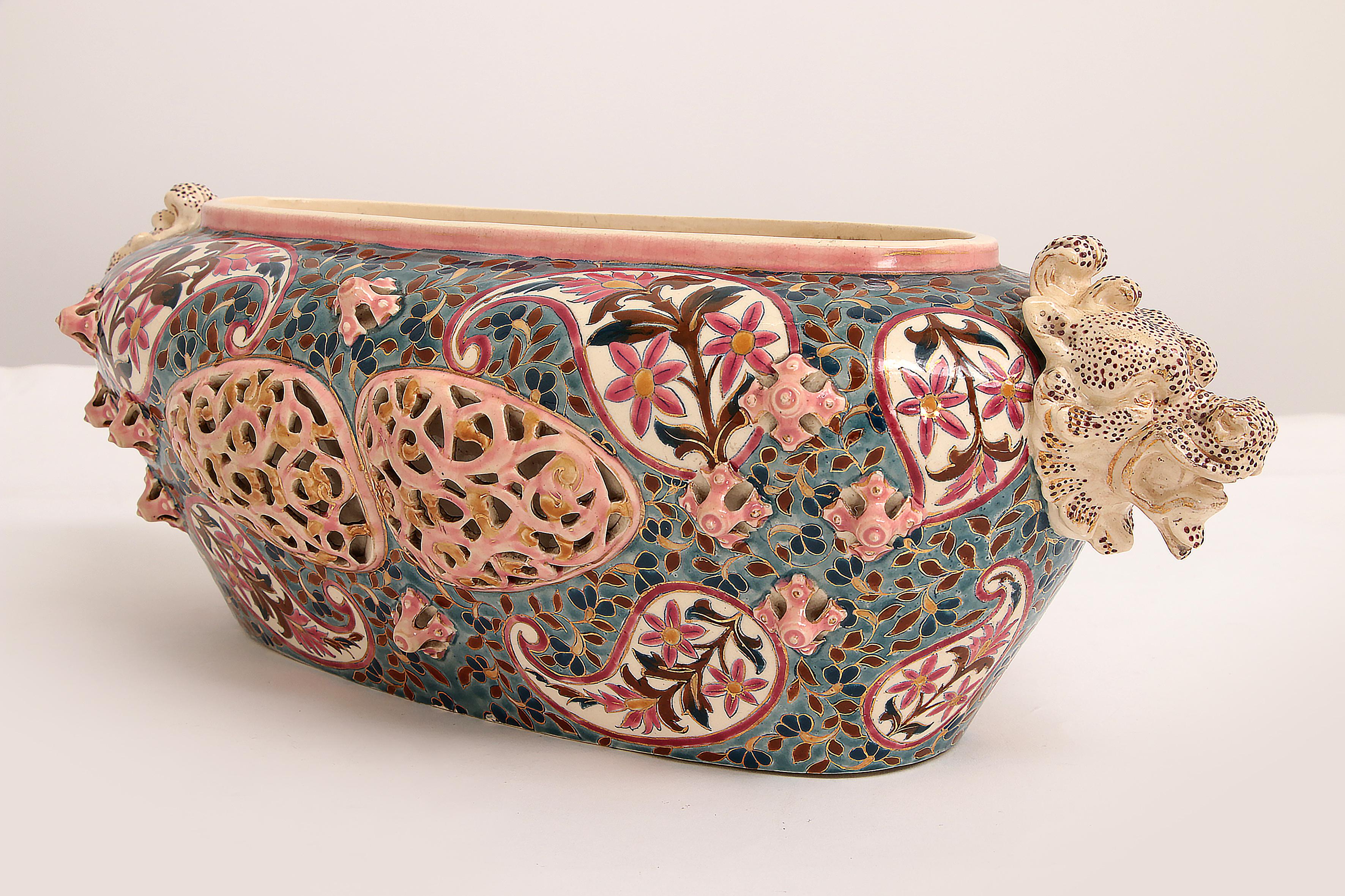 Fischer Budapest Bowl with Beautiful Colors and Dragon Heads, 19th Century 2