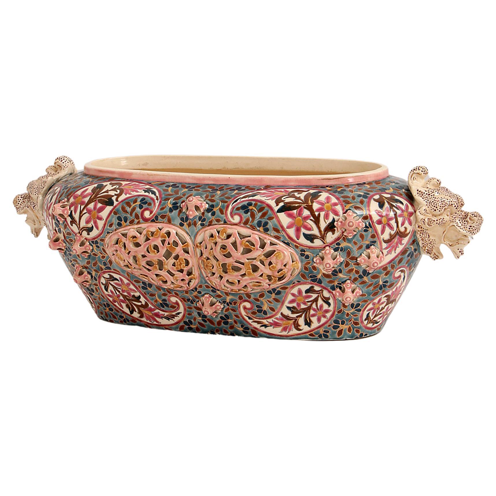 Fischer Budapest Bowl with Beautiful Colors and Dragon Heads, 19th Century