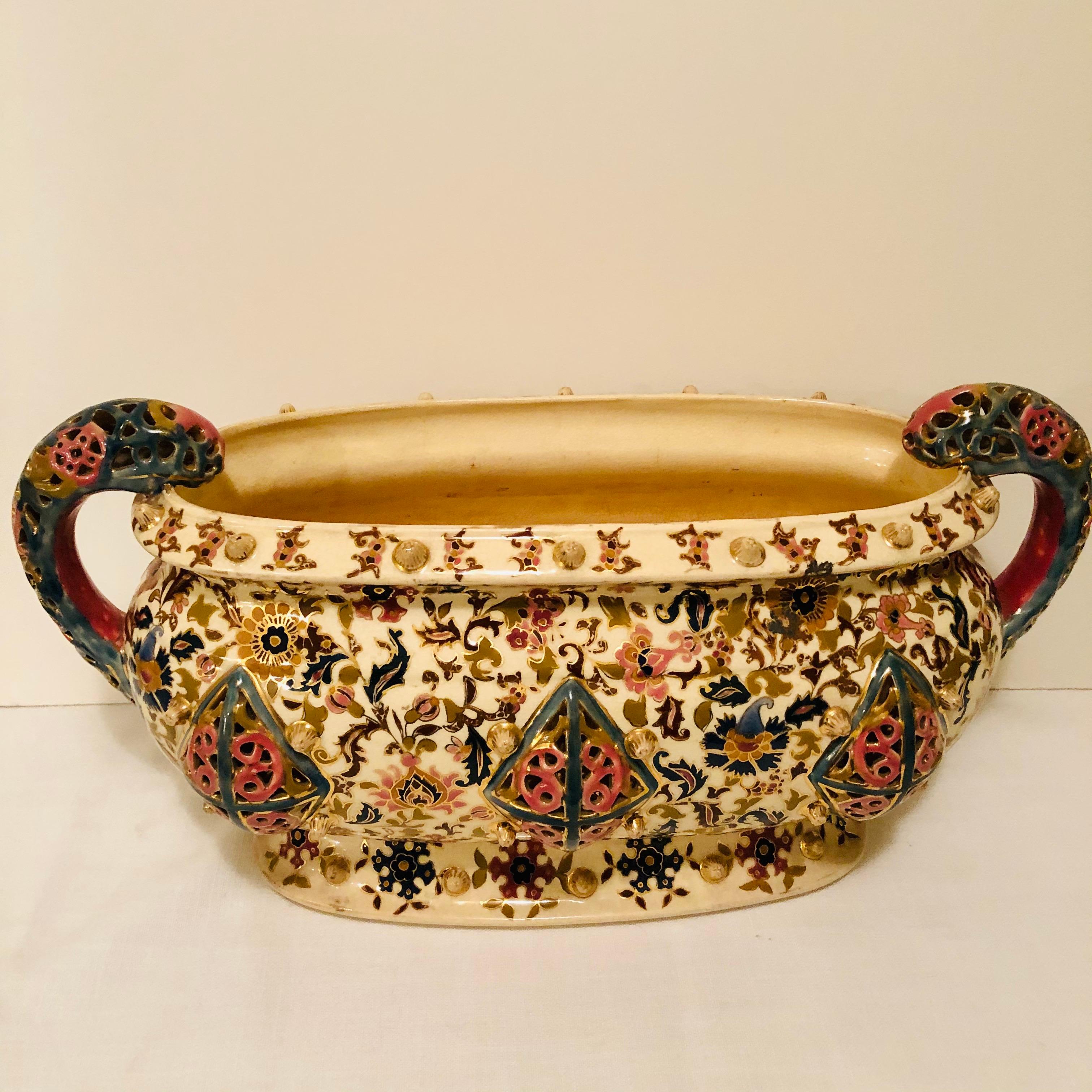 Victorian Fischer Budapest Centerpiece with Reticulated Handles and Panels & Bright Colors